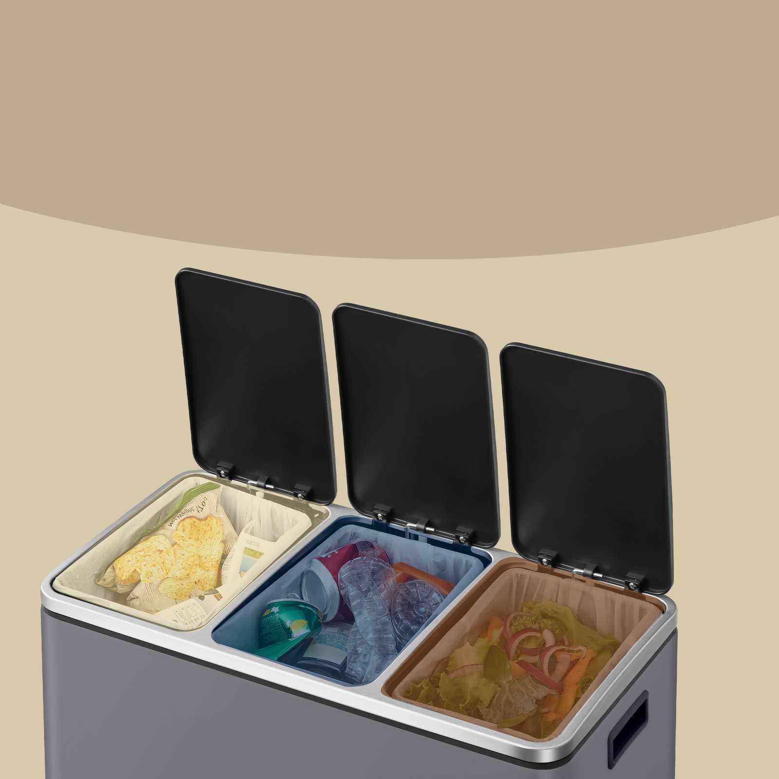 SONGMICS Kitchen Rubbish Bin, 3 x 18 L, Waste Separation System, 3 Compartments, Includes 15 Bin Liners, Rubbish Bin, Pedal Bin, for Recyclable Waste, Organic Waste, with Lid, Matte Grey LTB054G01 5 SONGMICS Kitchen Rubbish Bin, 3 x 18 L, Waste Separation System, 3 Compartments, Includes 15 Bin Liners, Rubbish Bin, Pedal Bin, for Recyclable Waste, Organic Waste, with Lid, Matte Grey LTB054G01 - Bild 5