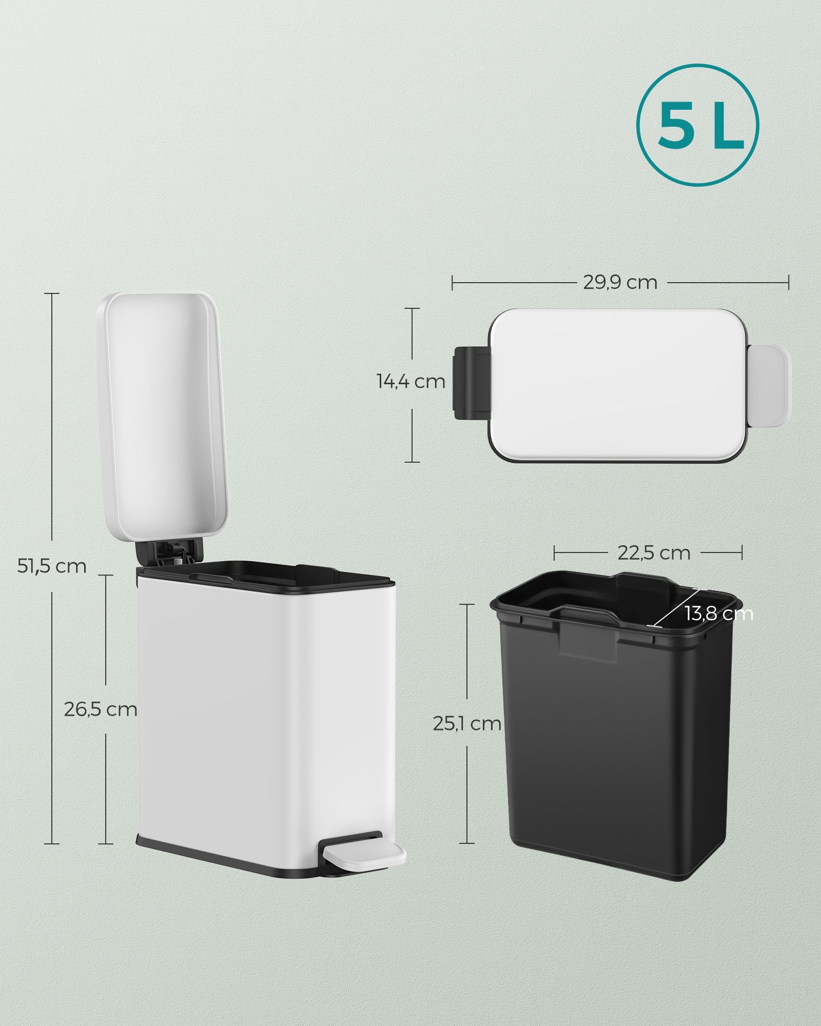 SONGMICS Bathroom Trash Can, 1.3 Gallon Small Trash Bin with Lid, Slim for Small Spaces, Stainless Steel Garbage Can, Soft Close, Black ULTB560B05 7 SONGMICS Bathroom Trash Can, 1.3 Gallon Small Trash Bin with Lid, Slim for Small Spaces, Stainless Steel Garbage Can, Soft Close, Black ULTB560B05 - Bild 7
