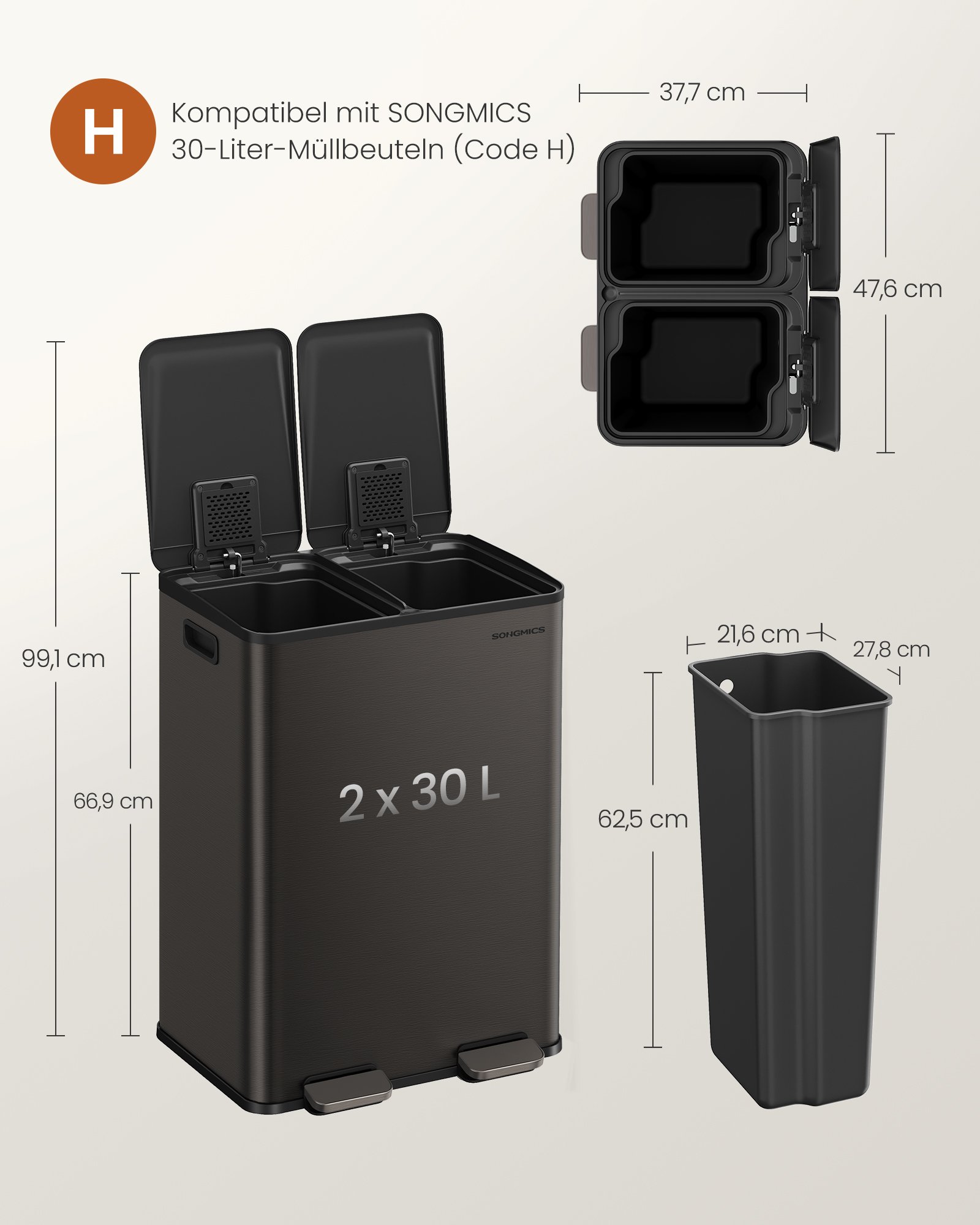 Köksavfallskärl, 2 x 8 gallon (2 x 30 l) med dubbla fack, stål, 15 påsar, skiffergrå 5 Köksavfallskärl, 2 x 8 gallon (2 x 30 l) med dubbla fack, stål, 15 påsar, skiffergrå - Bild 5