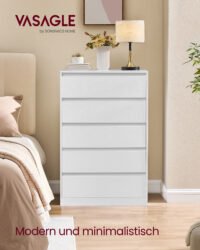 VASAGLE KAILYN Collection - Chest of Drawers for Bedroom, Storage Organiser Unit with 5 Drawers, 40 x 60 x 97.4 cm, Modern Style, Snow White LTS605WE01