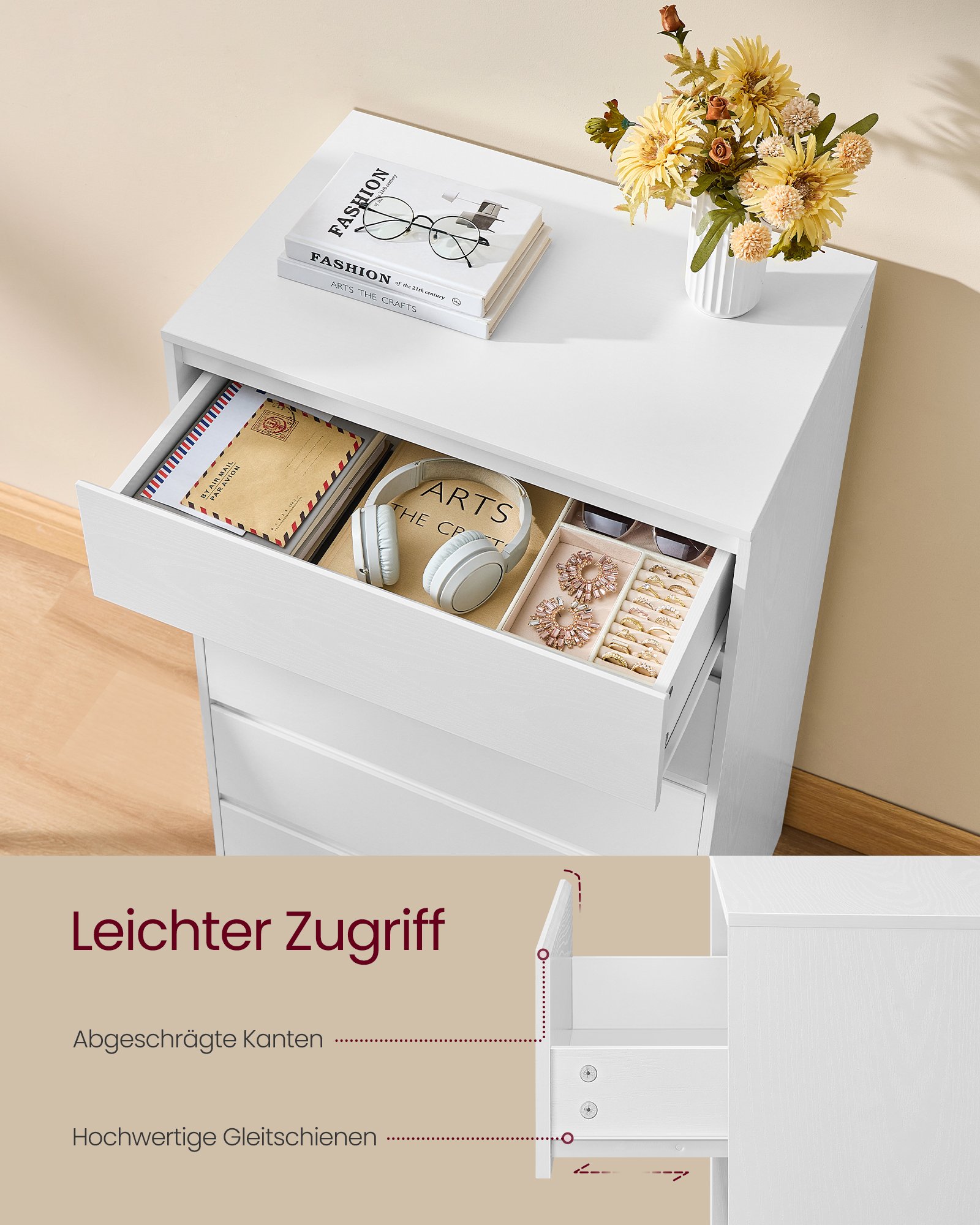VASAGLE KAILYN Collection - Chest of Drawers for Bedroom, Storage Organiser Unit with 5 Drawers, 40 x 60 x 97.4 cm, Modern Style, Snow White LTS605WE01 2 VASAGLE KAILYN Collection - Chest of Drawers for Bedroom, Storage Organiser Unit with 5 Drawers, 40 x 60 x 97.4 cm, Modern Style, Snow White LTS605WE01 - Bild 2