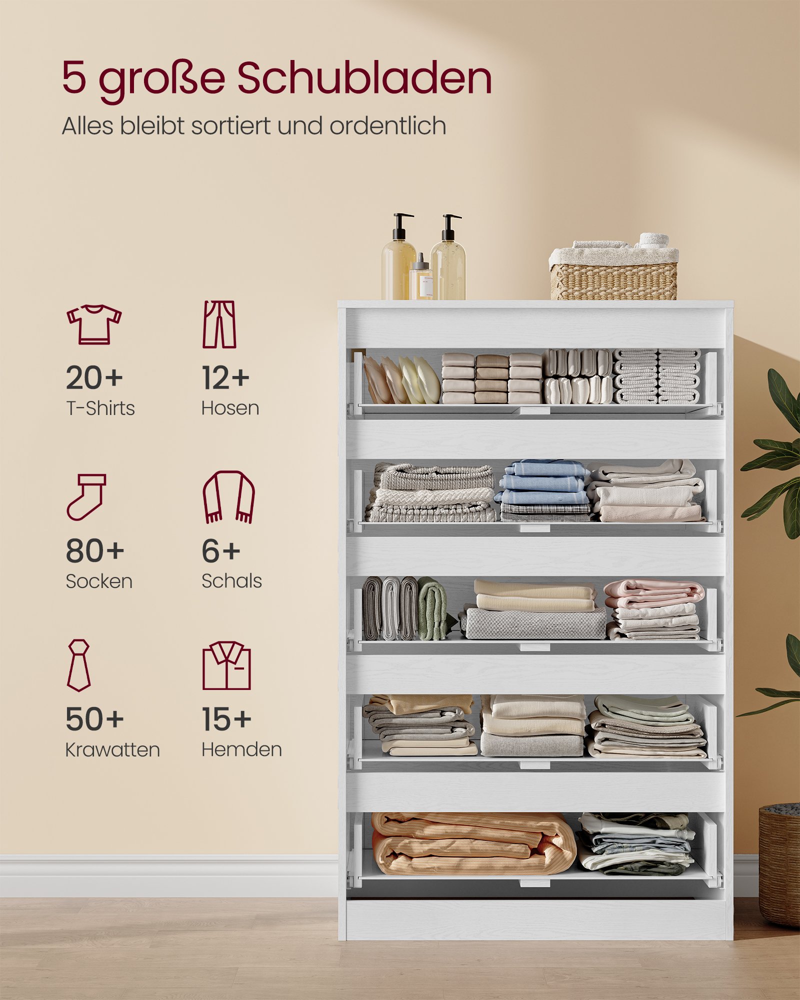 VASAGLE KAILYN Collection - Chest of Drawers for Bedroom, Storage Organiser Unit with 5 Drawers, 40 x 60 x 97.4 cm, Modern Style, Snow White LTS605WE01 3 VASAGLE KAILYN Collection - Chest of Drawers for Bedroom, Storage Organiser Unit with 5 Drawers, 40 x 60 x 97.4 cm, Modern Style, Snow White LTS605WE01 - Bild 3