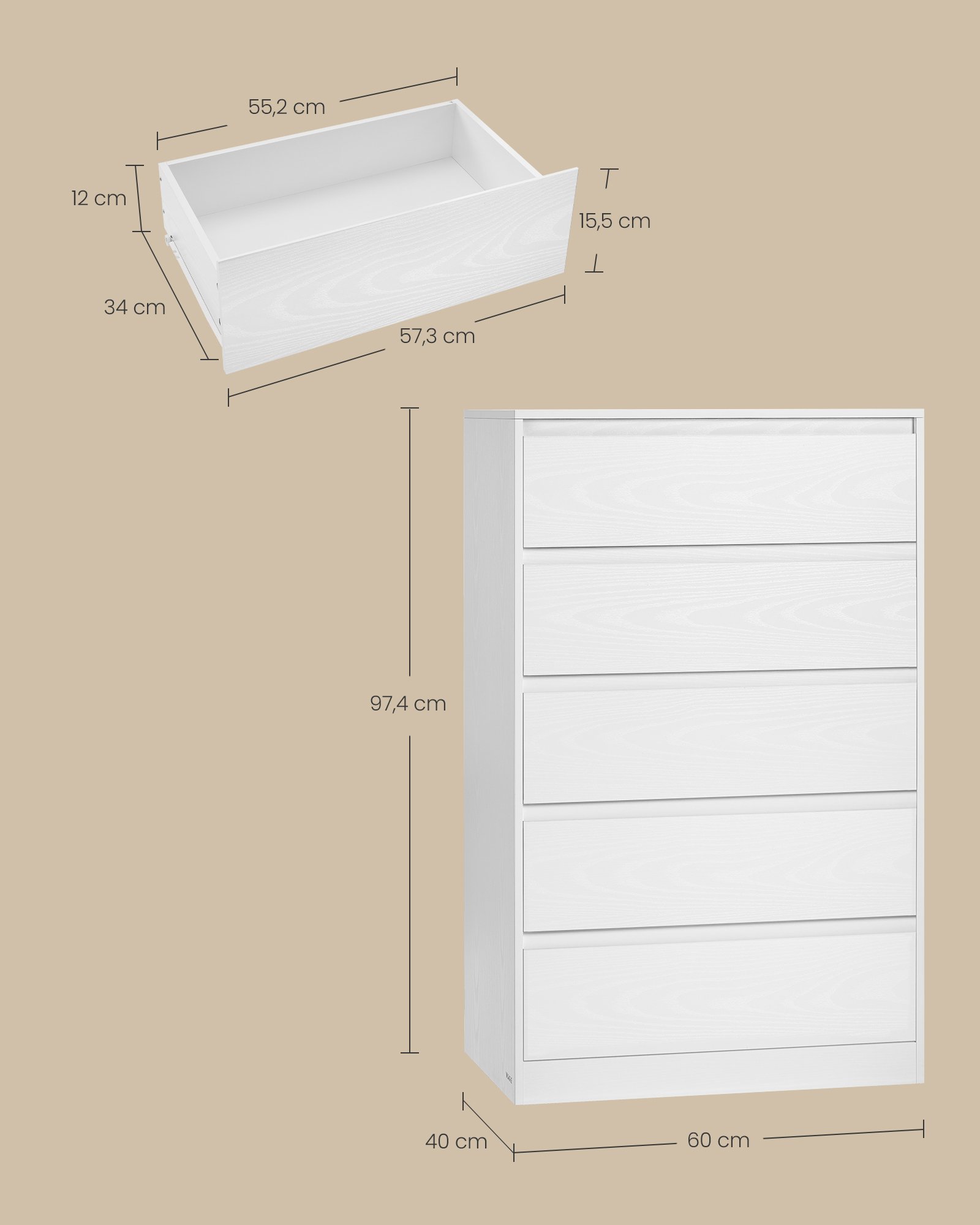 VASAGLE KAILYN Collection - Chest of Drawers for Bedroom, Storage Organiser Unit with 5 Drawers, 40 x 60 x 97.4 cm, Modern Style, Snow White LTS605WE01 4 VASAGLE KAILYN Collection - Chest of Drawers for Bedroom, Storage Organiser Unit with 5 Drawers, 40 x 60 x 97.4 cm, Modern Style, Snow White LTS605WE01 - Bild 4