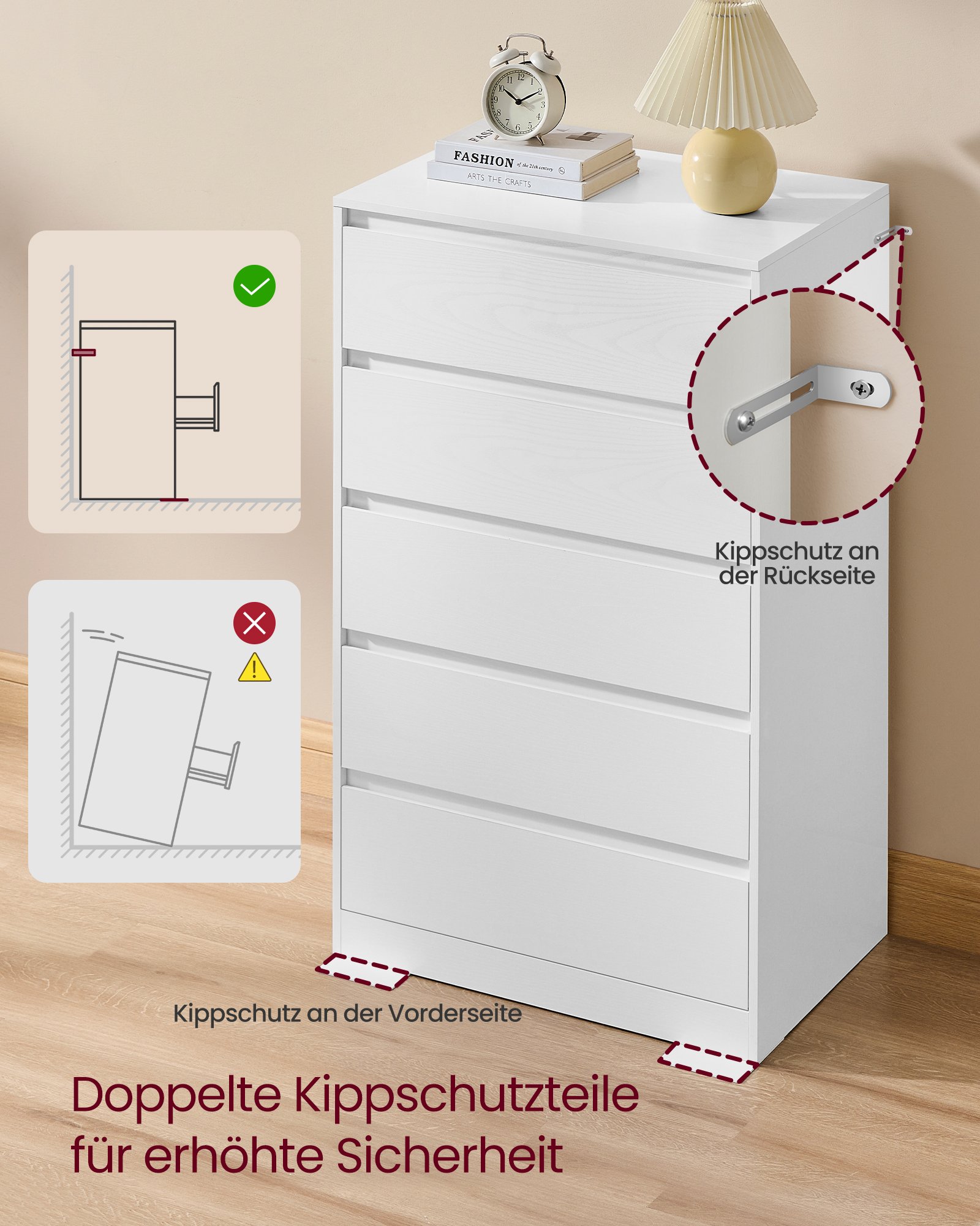 VASAGLE KAILYN Collection - Chest of Drawers for Bedroom, Storage Organiser Unit with 5 Drawers, 40 x 60 x 97.4 cm, Modern Style, Snow White LTS605WE01 5 VASAGLE KAILYN Collection - Chest of Drawers for Bedroom, Storage Organiser Unit with 5 Drawers, 40 x 60 x 97.4 cm, Modern Style, Snow White LTS605WE01 - Bild 5