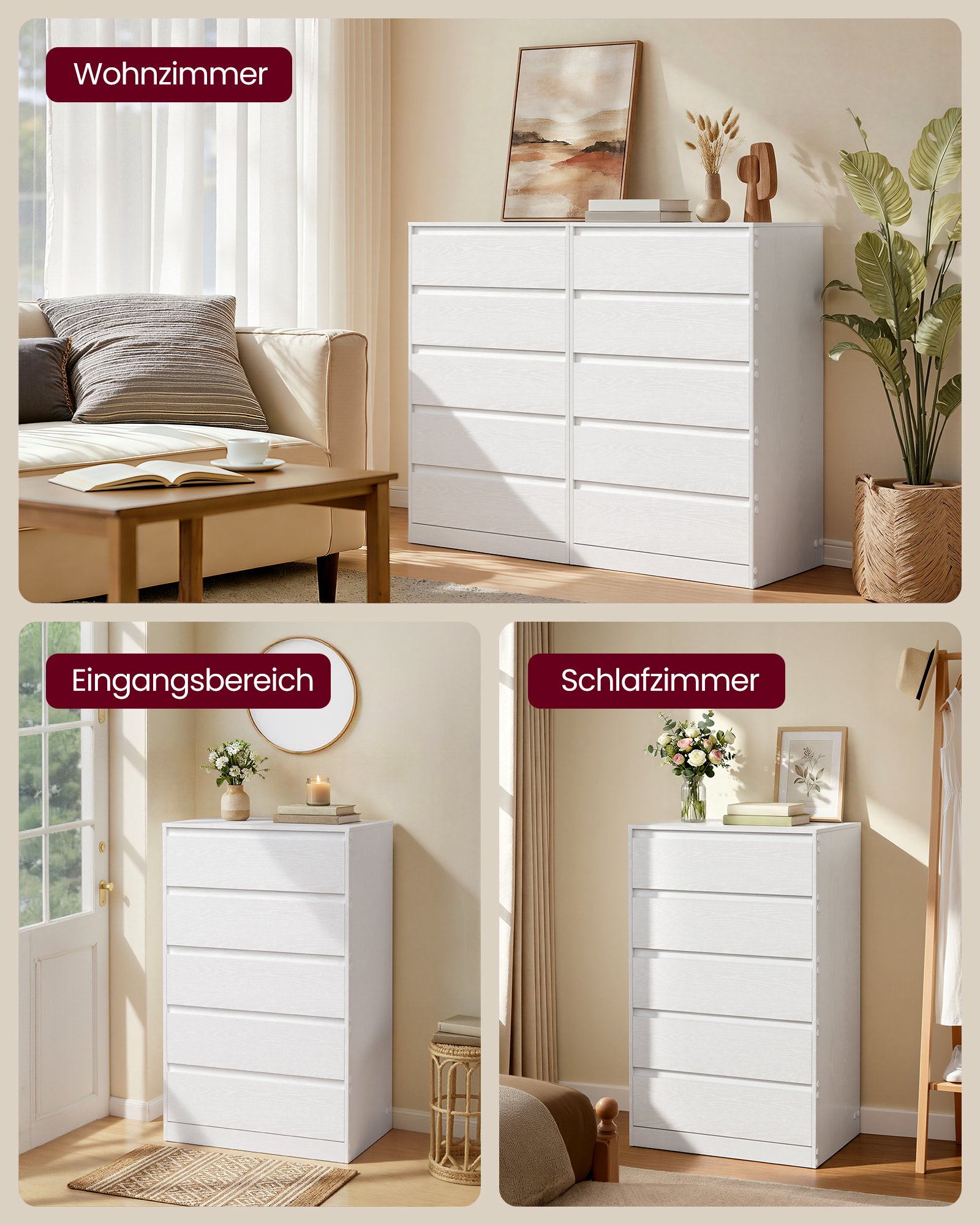 VASAGLE KAILYN Collection - Chest of Drawers for Bedroom, Storage Organiser Unit with 5 Drawers, 40 x 60 x 97.4 cm, Modern Style, Snow White LTS605WE01 6 VASAGLE KAILYN Collection - Chest of Drawers for Bedroom, Storage Organiser Unit with 5 Drawers, 40 x 60 x 97.4 cm, Modern Style, Snow White LTS605WE01 - Bild 6
