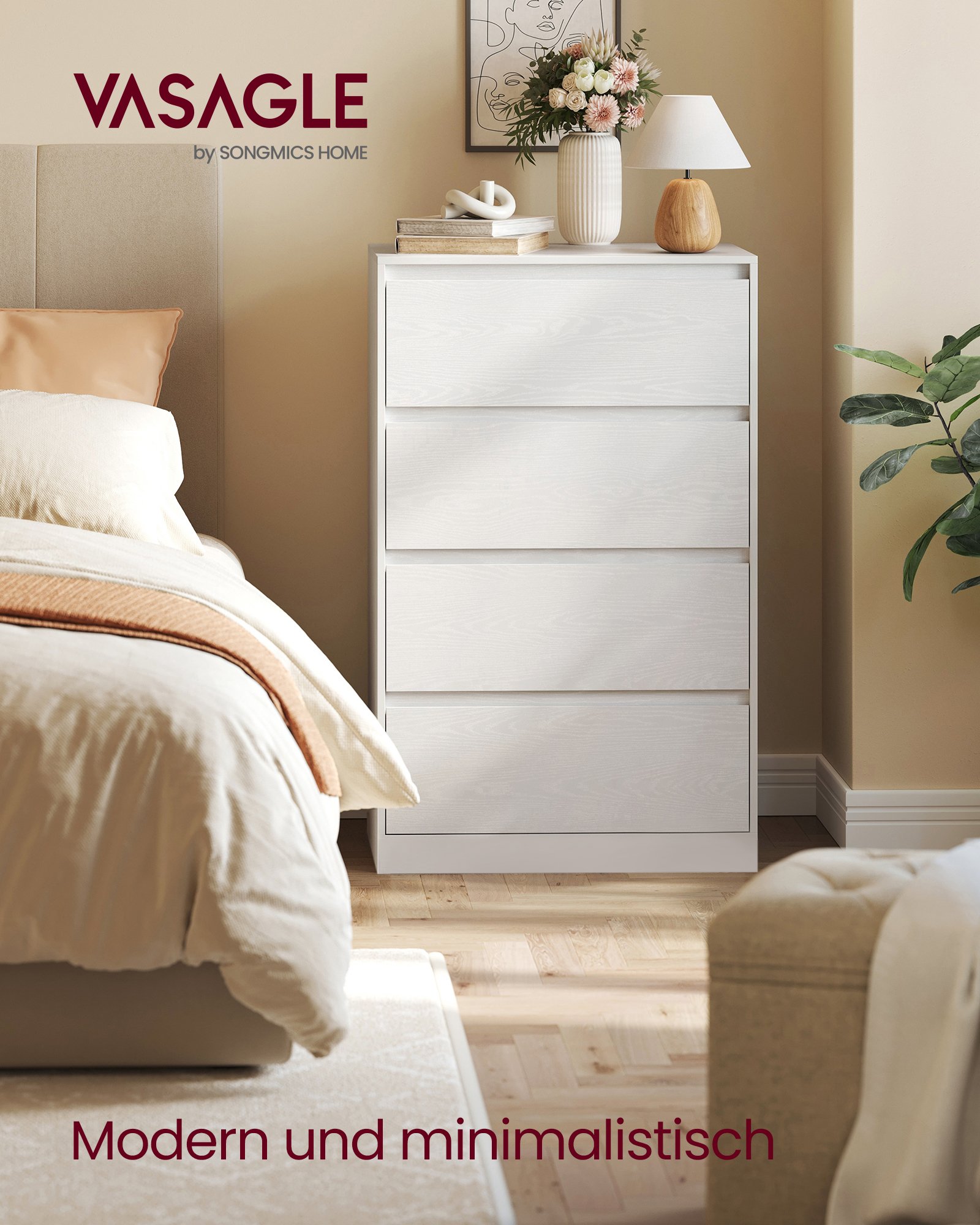 VASAGLE KAILYN Collection - Chest of Drawers for Bedroom, Storage Organiser Unit with 4 Drawers, 40 x 60 x 97.4 cm, Modern Style, Snow White LTS614WE02 1 VASAGLE KAILYN Collection - Chest of Drawers for Bedroom, Storage Organiser Unit with 4 Drawers, 40 x 60 x 97.4 cm, Modern Style, Snow White LTS614WE02