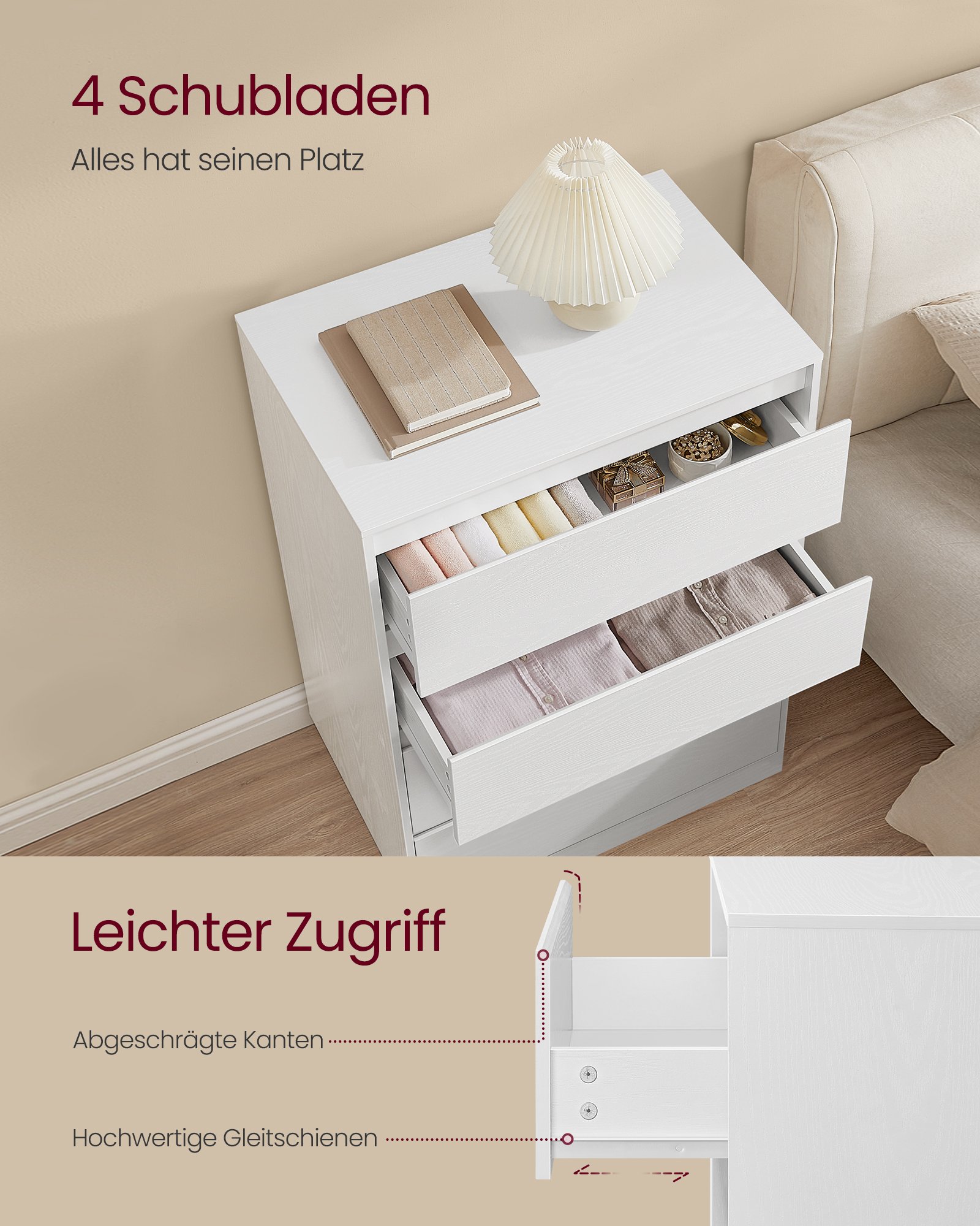 VASAGLE KAILYN Collection - Chest of Drawers for Bedroom, Storage Organiser Unit with 4 Drawers, 40 x 60 x 97.4 cm, Modern Style, Snow White LTS614WE02 2 VASAGLE KAILYN Collection - Chest of Drawers for Bedroom, Storage Organiser Unit with 4 Drawers, 40 x 60 x 97.4 cm, Modern Style, Snow White LTS614WE02 - Bild 2