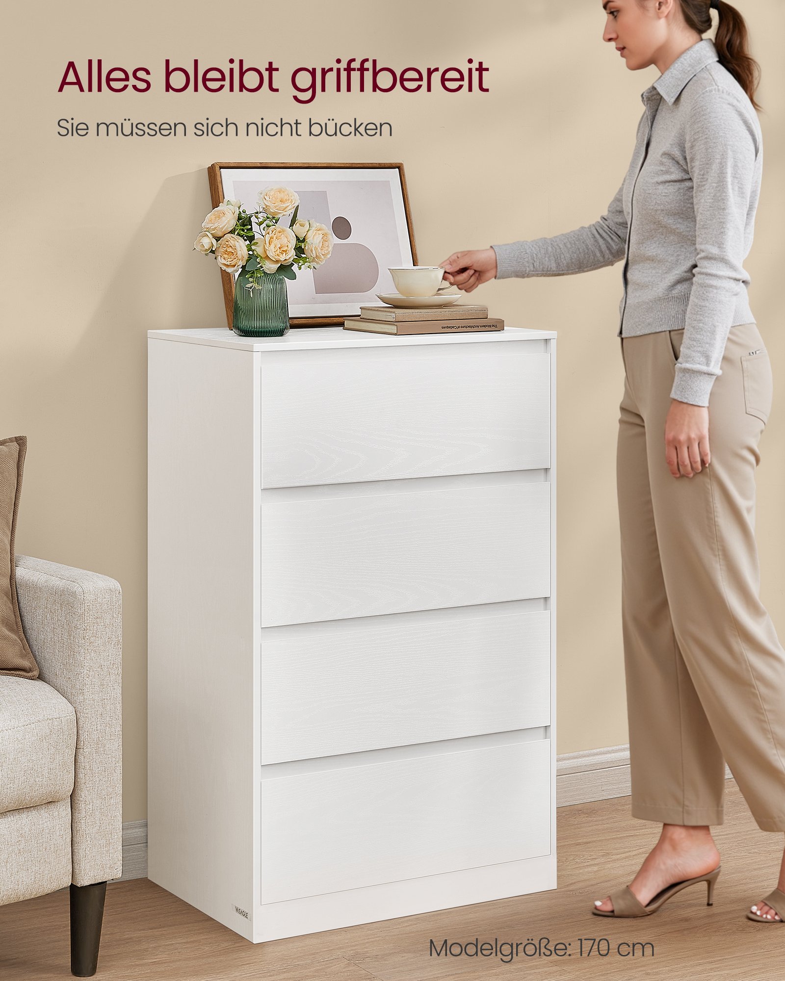 VASAGLE KAILYN Collection - Chest of Drawers for Bedroom, Storage Organiser Unit with 4 Drawers, 40 x 60 x 97.4 cm, Modern Style, Snow White LTS614WE02 3 VASAGLE KAILYN Collection - Chest of Drawers for Bedroom, Storage Organiser Unit with 4 Drawers, 40 x 60 x 97.4 cm, Modern Style, Snow White LTS614WE02 - Bild 3