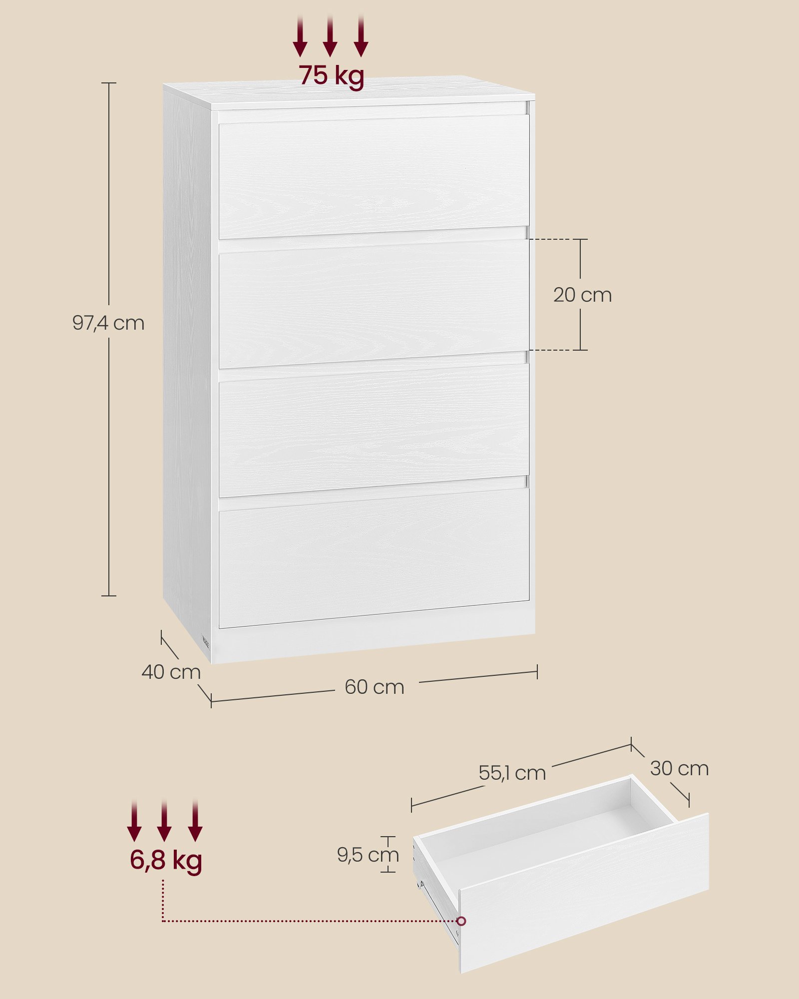 VASAGLE KAILYN Collection - Chest of Drawers for Bedroom, Storage Organiser Unit with 4 Drawers, 40 x 60 x 97.4 cm, Modern Style, Snow White LTS614WE02 4 VASAGLE KAILYN Collection - Chest of Drawers for Bedroom, Storage Organiser Unit with 4 Drawers, 40 x 60 x 97.4 cm, Modern Style, Snow White LTS614WE02 - Bild 4