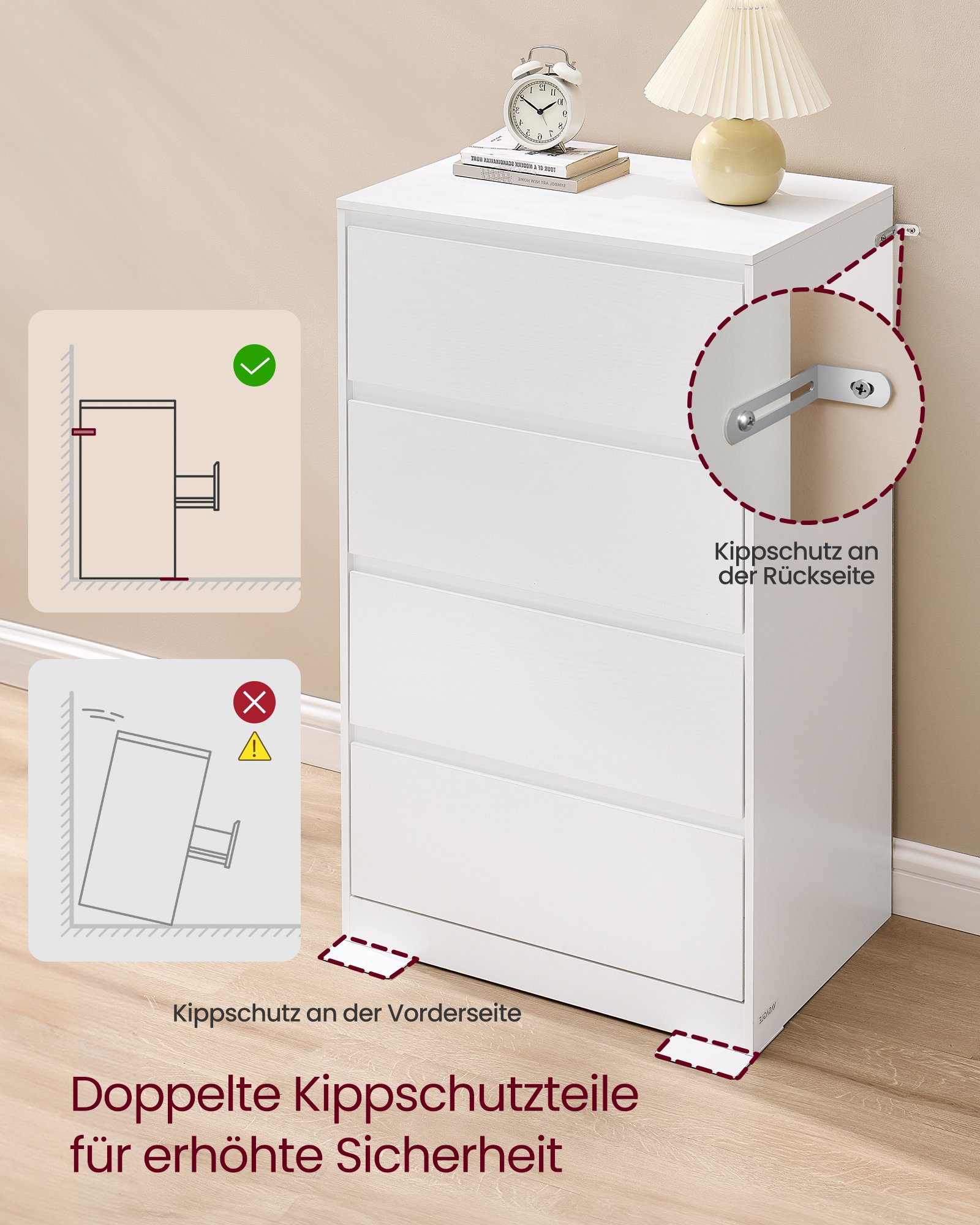 VASAGLE KAILYN Collection - Chest of Drawers for Bedroom, Storage Organiser Unit with 4 Drawers, 40 x 60 x 97.4 cm, Modern Style, Snow White LTS614WE02 5 VASAGLE KAILYN Collection - Chest of Drawers for Bedroom, Storage Organiser Unit with 4 Drawers, 40 x 60 x 97.4 cm, Modern Style, Snow White LTS614WE02 - Bild 5