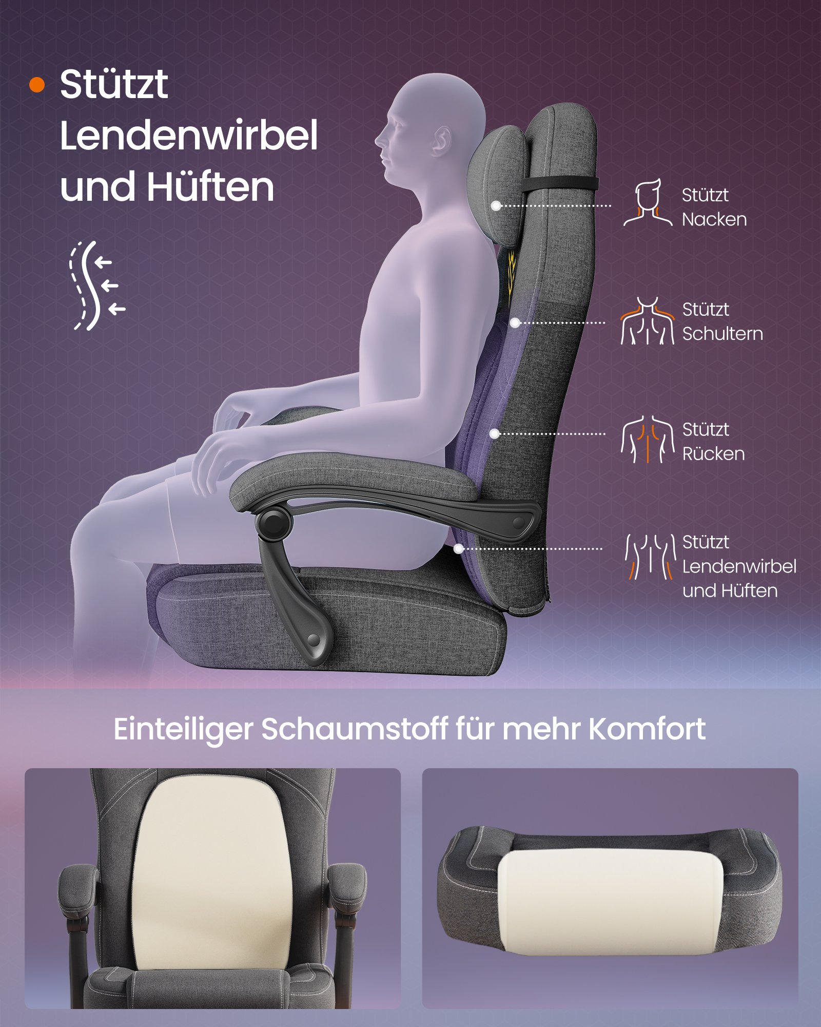 SONGMICS HOME Gaming Chair Ergonomic Computer Chair with Footrest Office Swivel Chair with Pillow Cotton Linen Blend Height Adjustable Dove Grey OBG072G01 3 SONGMICS HOME Gaming Chair Ergonomic Computer Chair with Footrest Office Swivel Chair with Pillow Cotton Linen Blend Height Adjustable Dove Grey OBG072G01 - Bild 3