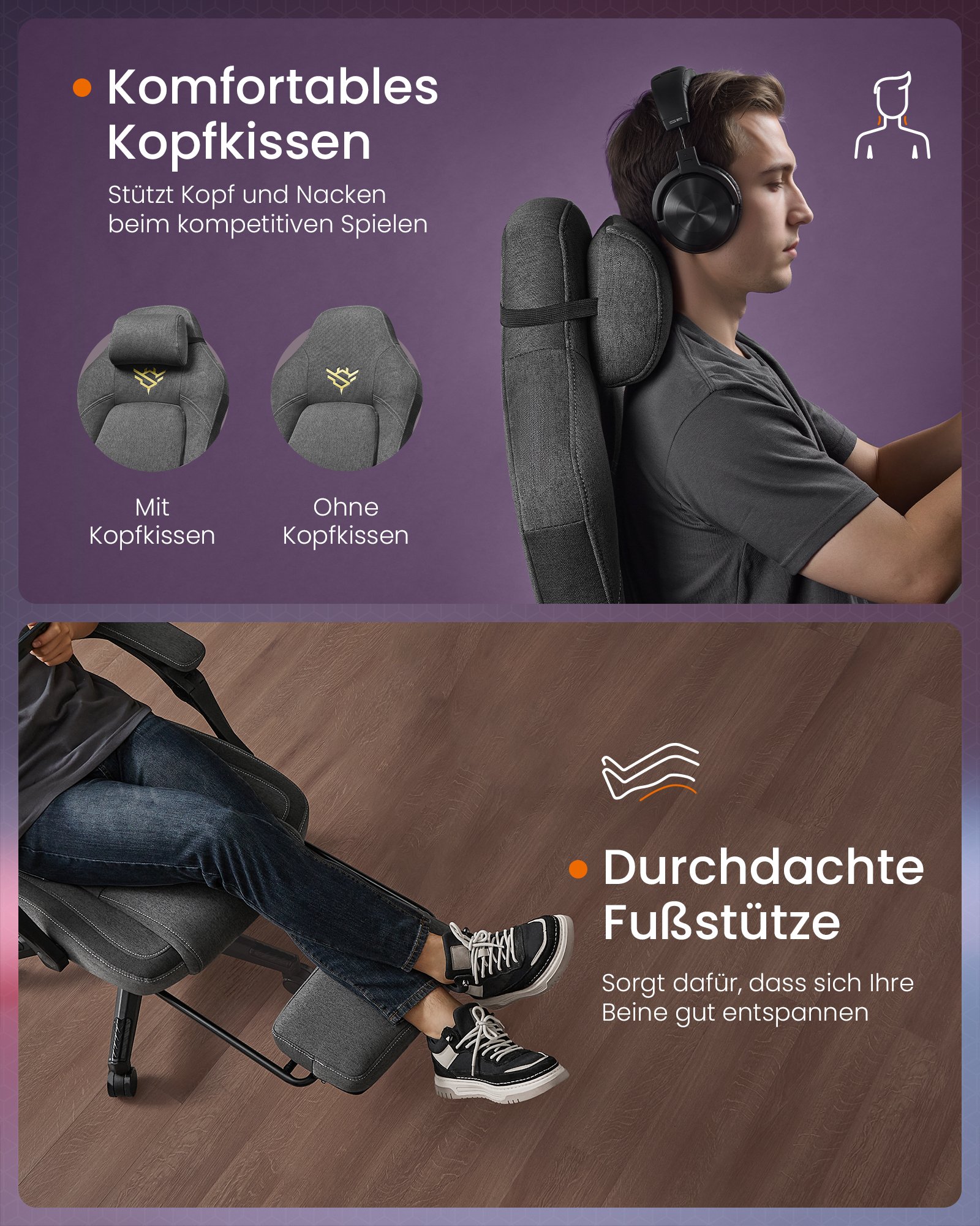 SONGMICS HOME Gaming Chair Ergonomic Computer Chair with Footrest Office Swivel Chair with Pillow Cotton Linen Blend Height Adjustable Dove Grey OBG072G01 5 SONGMICS HOME Gaming Chair Ergonomic Computer Chair with Footrest Office Swivel Chair with Pillow Cotton Linen Blend Height Adjustable Dove Grey OBG072G01 - Bild 5