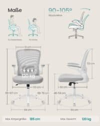 Ergonomisk kontorsstol för vuxna och barn, justerbar höjd 90-105 cm, maxvikt 120 kg.