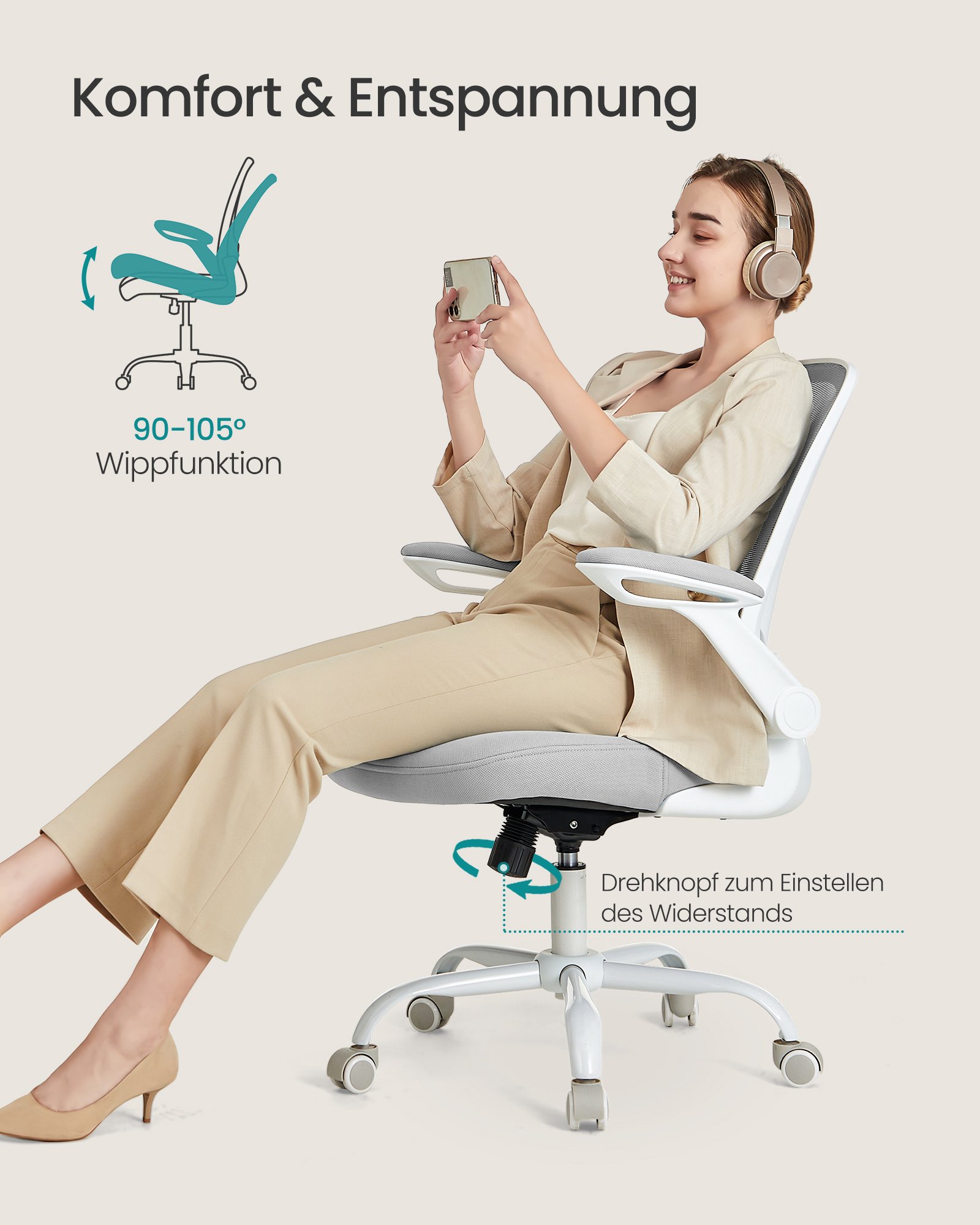 SONGMICS Swivel Office Chair, Ergonomic Mesh Computer Chair, Lumbar Support, Rocking Function, 53 cm Seat, Flip-Up Armrests, Dove Grey OBN037G02 4 SONGMICS Swivel Office Chair, Ergonomic Mesh Computer Chair, Lumbar Support, Rocking Function, 53 cm Seat, Flip-Up Armrests, Dove Grey OBN037G02 - Bild 4