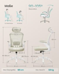 SONGMICS Office Chair, Mesh Swivel Chair, Ergonomic Lumbar and Head Support, Tilt Function, Wide Seat, Foldable Armrests, for Office Bedroom, Cappuccino Beige OBN047K01