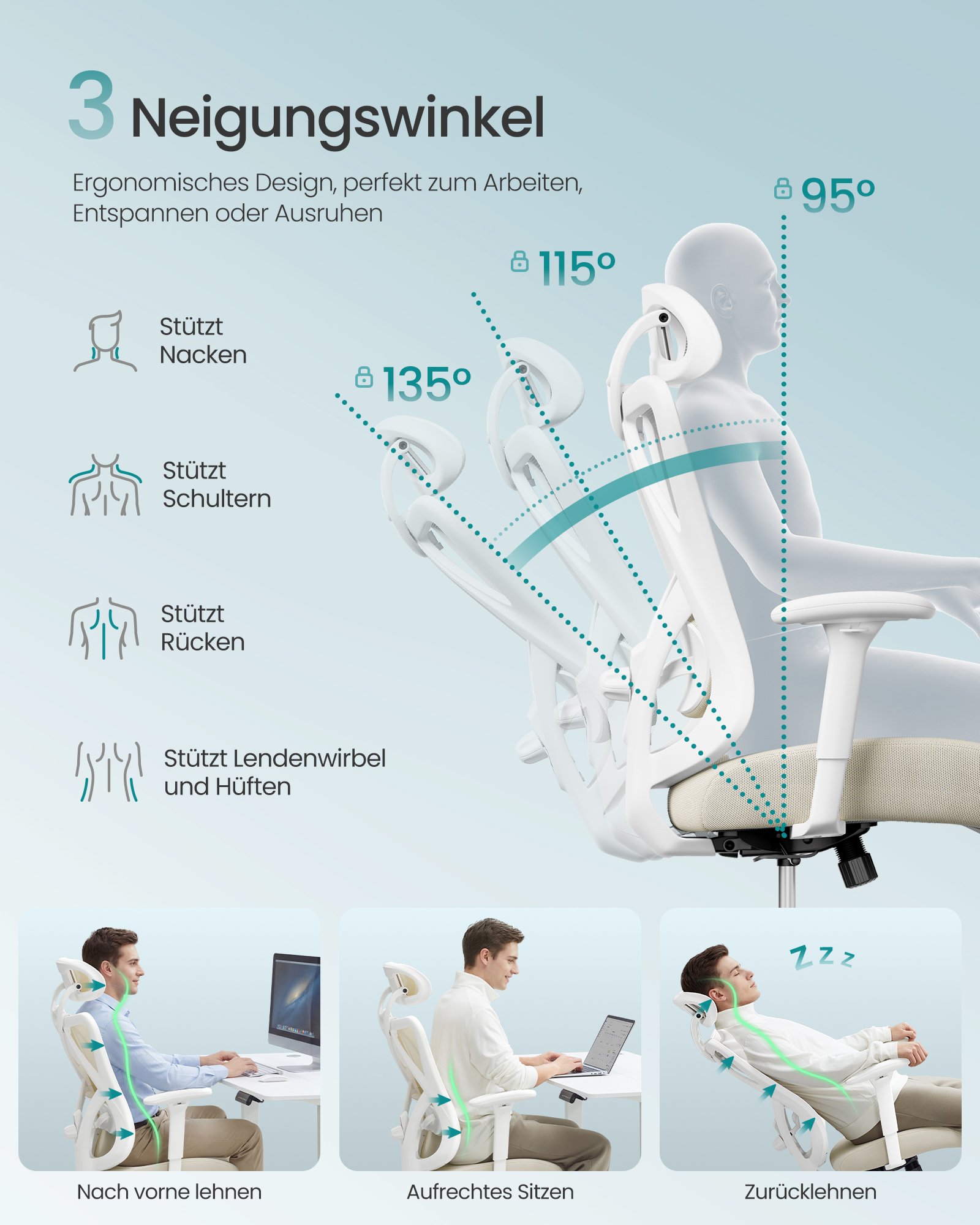 SONGMICS Ergonomic Office Chair, Desk Chair, Computer Chair, Mesh Chair, Adjustable Lumbar and Head Cushion, Load Capacity up to 150 kg, Height Adjustable, Cappuccino Beige OBN063LH01 3 SONGMICS Ergonomic Office Chair, Desk Chair, Computer Chair, Mesh Chair, Adjustable Lumbar and Head Cushion, Load Capacity up to 150 kg, Height Adjustable, Cappuccino Beige OBN063LH01 - Bild 3