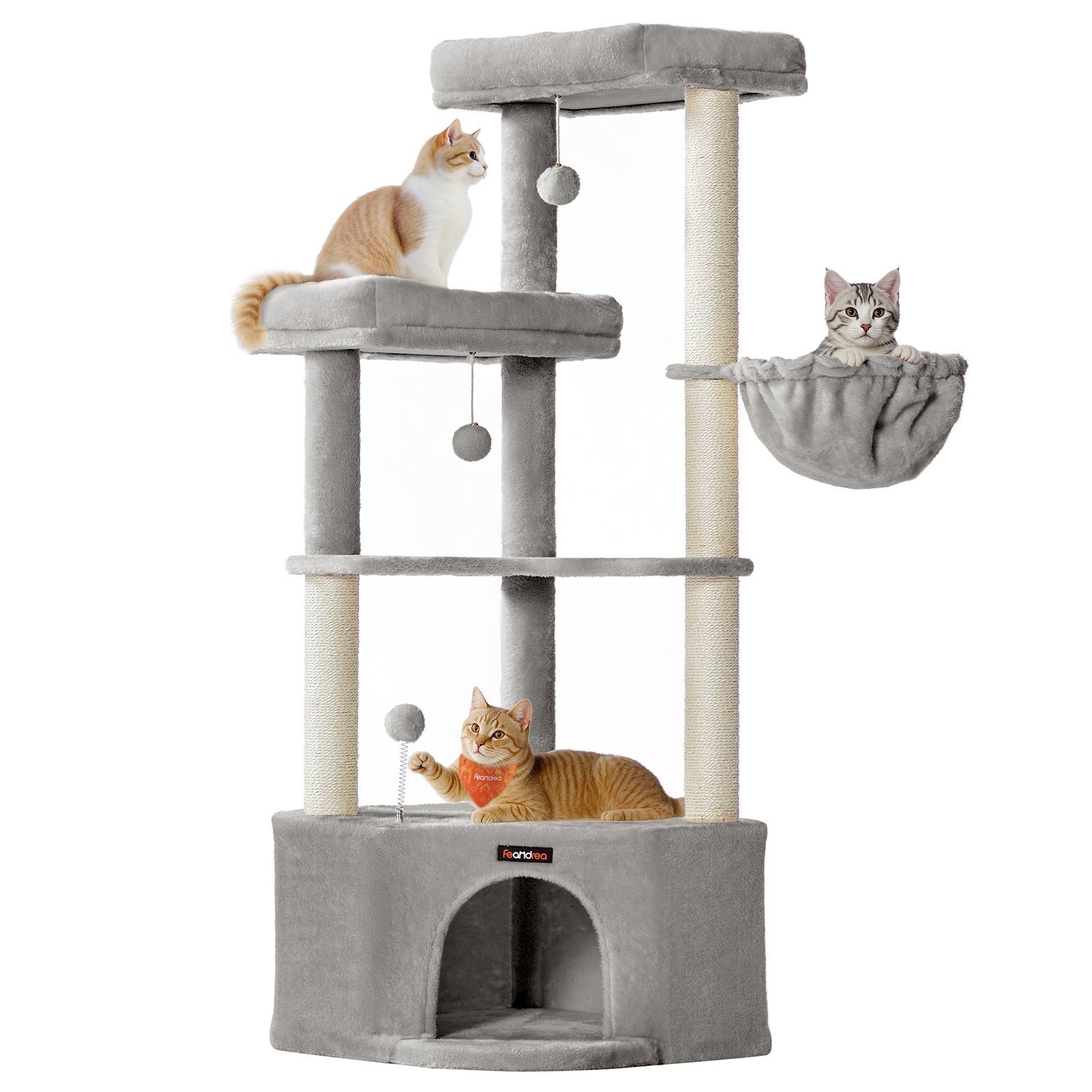 Feandrea Cat Tree Tower, 48.5 x 48.5 x 140.7 cm, Cat Condo with Large Cave, Large Perches, Scratching Posts, Pompoms, Basket, Dove Grey PCT009G01 1 Feandrea Cat Tree Tower, 48.5 x 48.5 x 140.7 cm, Cat Condo with Large Cave, Large Perches, Scratching Posts, Pompoms, Basket, Dove Grey PCT009G01