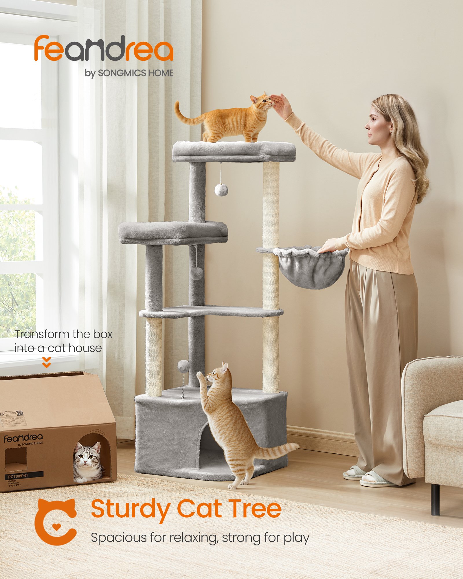 Feandrea Cat Tree Tower, 48.5 x 48.5 x 140.7 cm, Cat Condo with Large Cave, Large Perches, Scratching Posts, Pompoms, Basket, Dove Grey PCT009G01 2 Feandrea Cat Tree Tower, 48.5 x 48.5 x 140.7 cm, Cat Condo with Large Cave, Large Perches, Scratching Posts, Pompoms, Basket, Dove Grey PCT009G01 - Bild 2