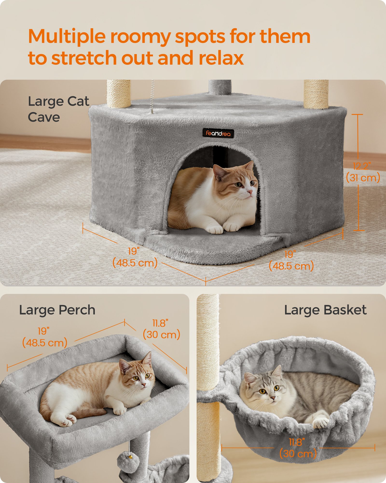 Feandrea Cat Tree Tower, 48.5 x 48.5 x 140.7 cm, Cat Condo with Large Cave, Large Perches, Scratching Posts, Pompoms, Basket, Dove Grey PCT009G01 3 Feandrea Cat Tree Tower, 48.5 x 48.5 x 140.7 cm, Cat Condo with Large Cave, Large Perches, Scratching Posts, Pompoms, Basket, Dove Grey PCT009G01 - Bild 3