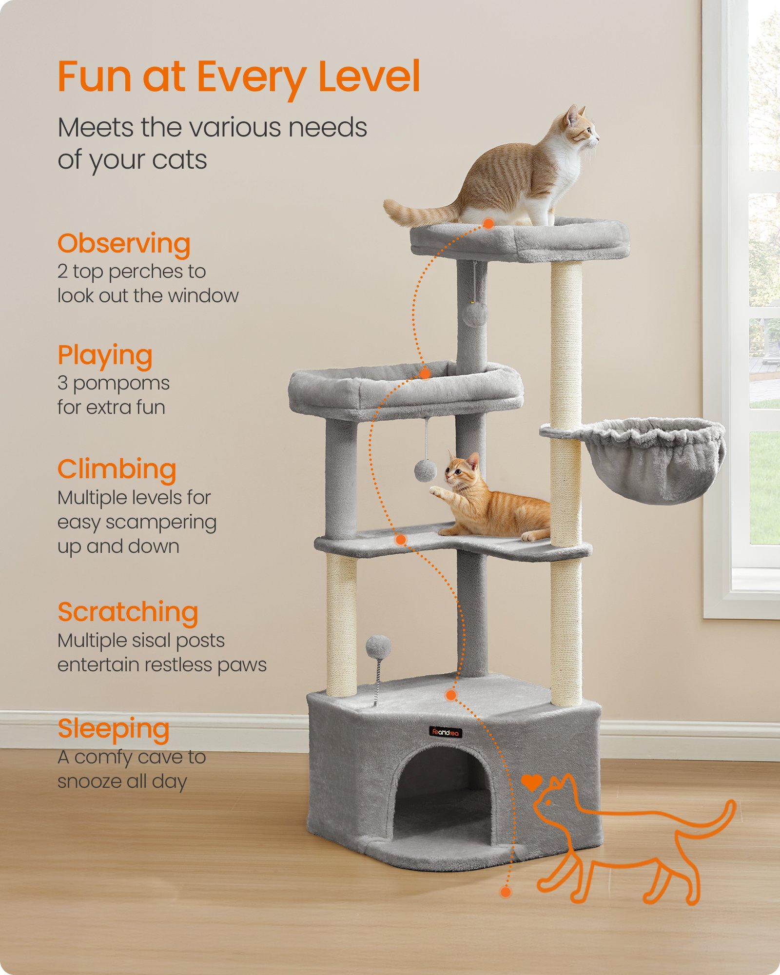 Feandrea Cat Tree Tower, 48.5 x 48.5 x 140.7 cm, Cat Condo with Large Cave, Large Perches, Scratching Posts, Pompoms, Basket, Dove Grey PCT009G01 4 Feandrea Cat Tree Tower, 48.5 x 48.5 x 140.7 cm, Cat Condo with Large Cave, Large Perches, Scratching Posts, Pompoms, Basket, Dove Grey PCT009G01 - Bild 4