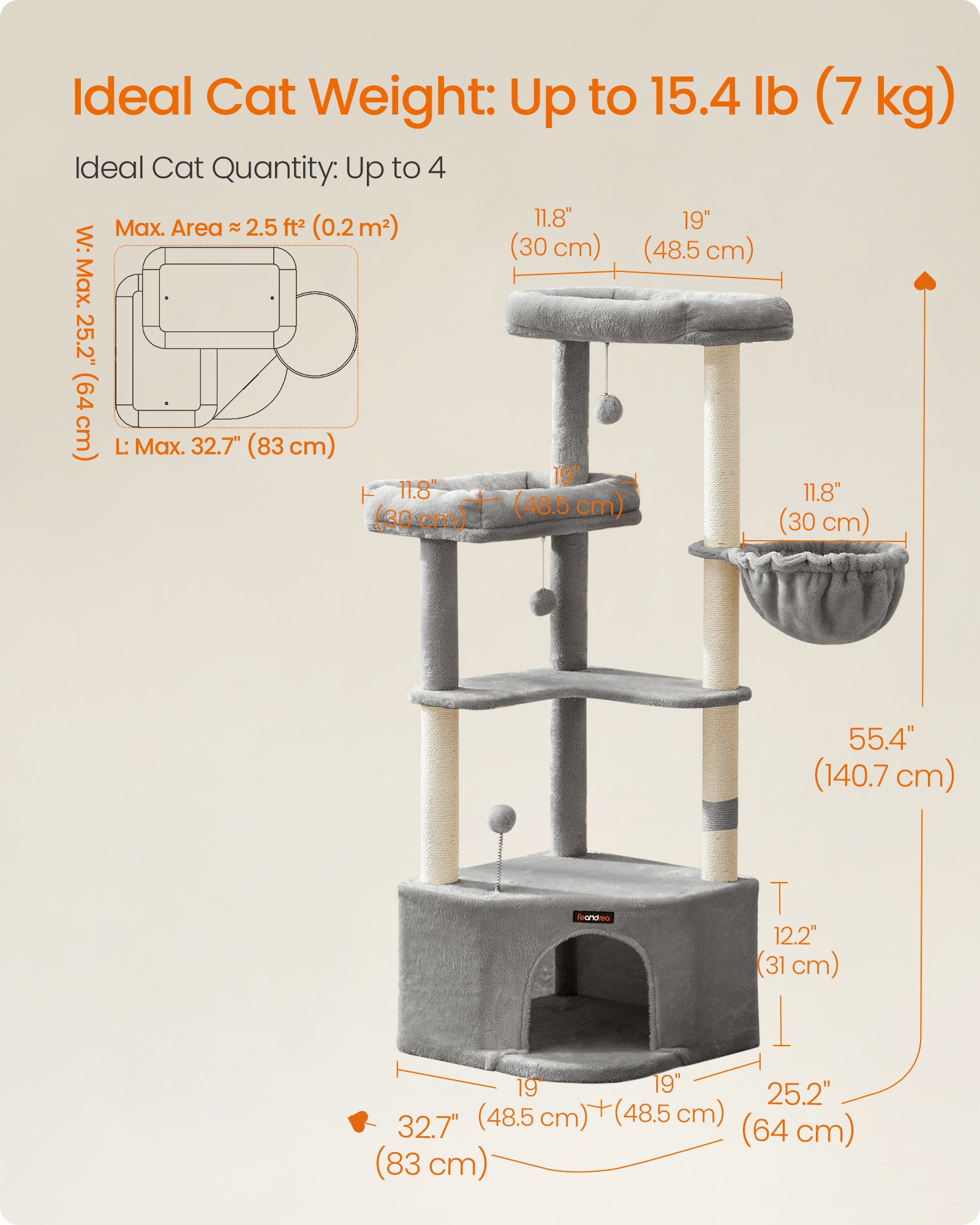Feandrea Cat Tree Tower, 48.5 x 48.5 x 140.7 cm, Cat Condo with Large Cave, Large Perches, Scratching Posts, Pompoms, Basket, Dove Grey PCT009G01 5 Feandrea Cat Tree Tower, 48.5 x 48.5 x 140.7 cm, Cat Condo with Large Cave, Large Perches, Scratching Posts, Pompoms, Basket, Dove Grey PCT009G01 - Bild 5