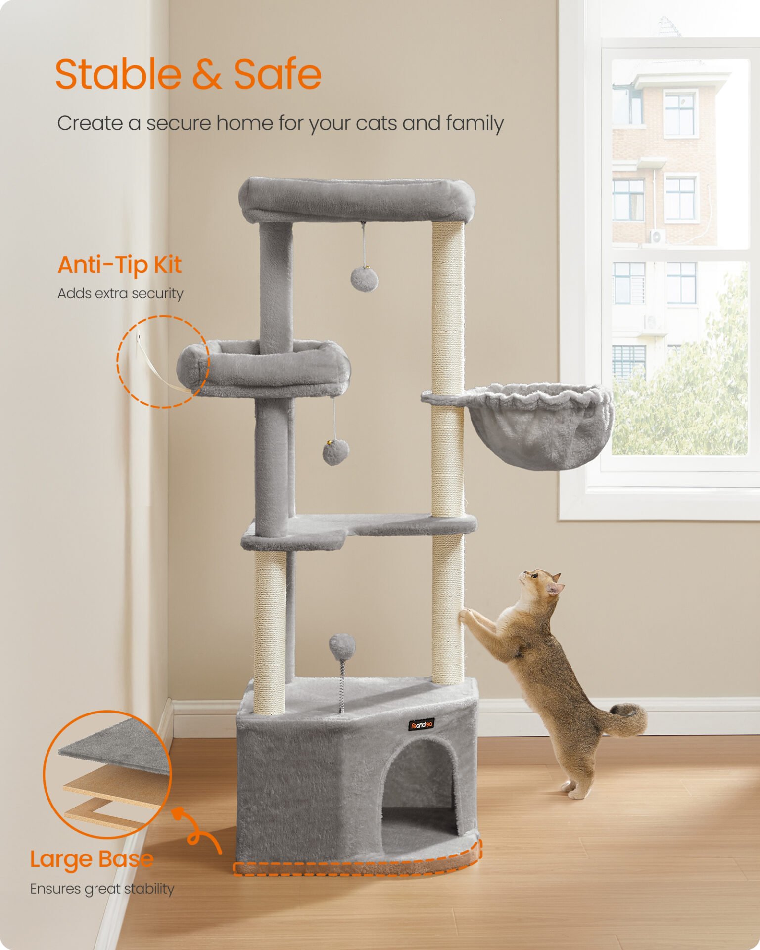Feandrea Cat Tree Tower, 48.5 x 48.5 x 140.7 cm, Cat Condo with Large Cave, Large Perches, Scratching Posts, Pompoms, Basket, Dove Grey PCT009G01 6 Feandrea Cat Tree Tower, 48.5 x 48.5 x 140.7 cm, Cat Condo with Large Cave, Large Perches, Scratching Posts, Pompoms, Basket, Dove Grey PCT009G01 - Bild 6