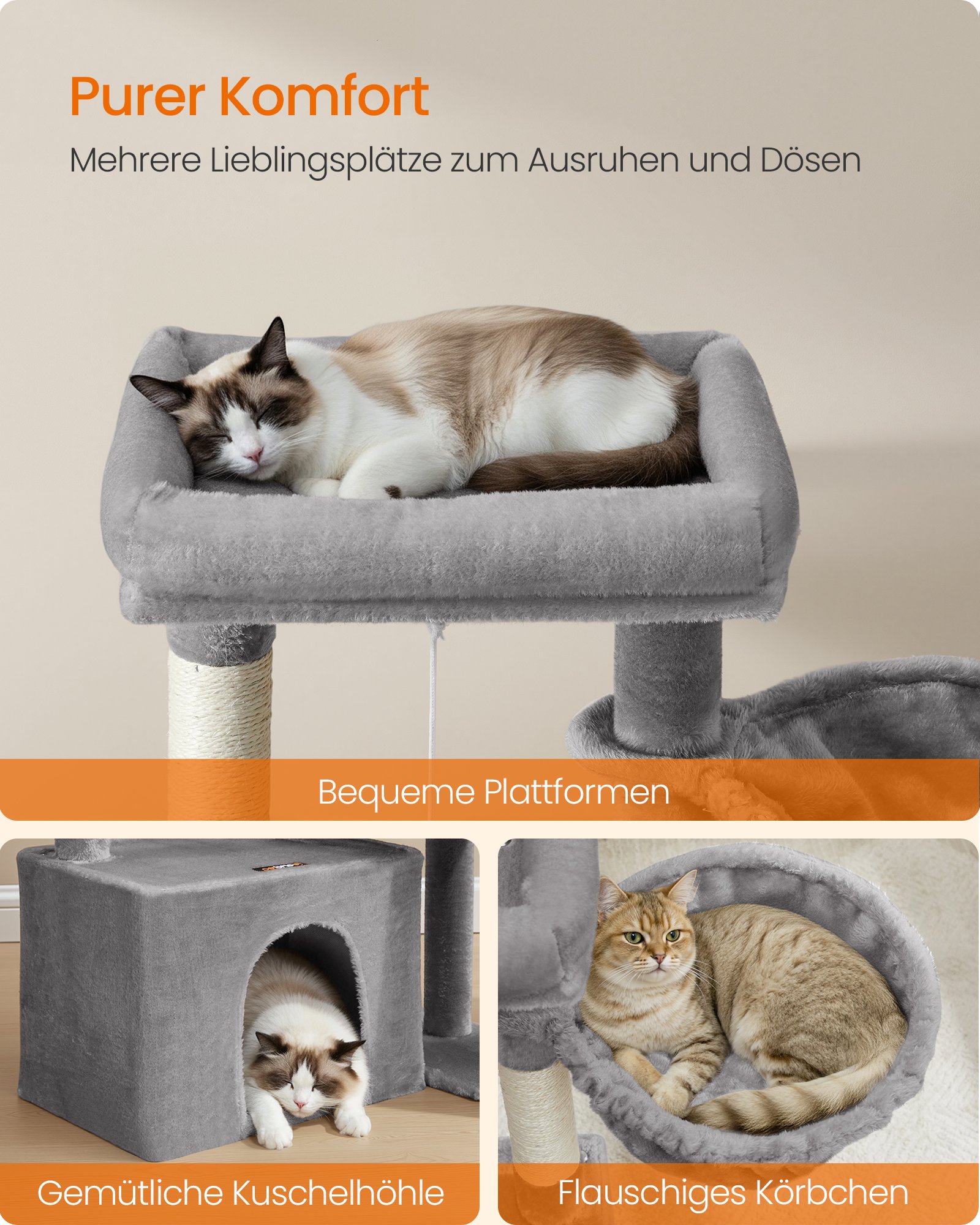 Kattträd, tornlägenhet med 2 sängar, klösträd och ramp, duvgrå 3 Kattträd, tornlägenhet med 2 sängar, klösträd och ramp, duvgrå - Bild 3