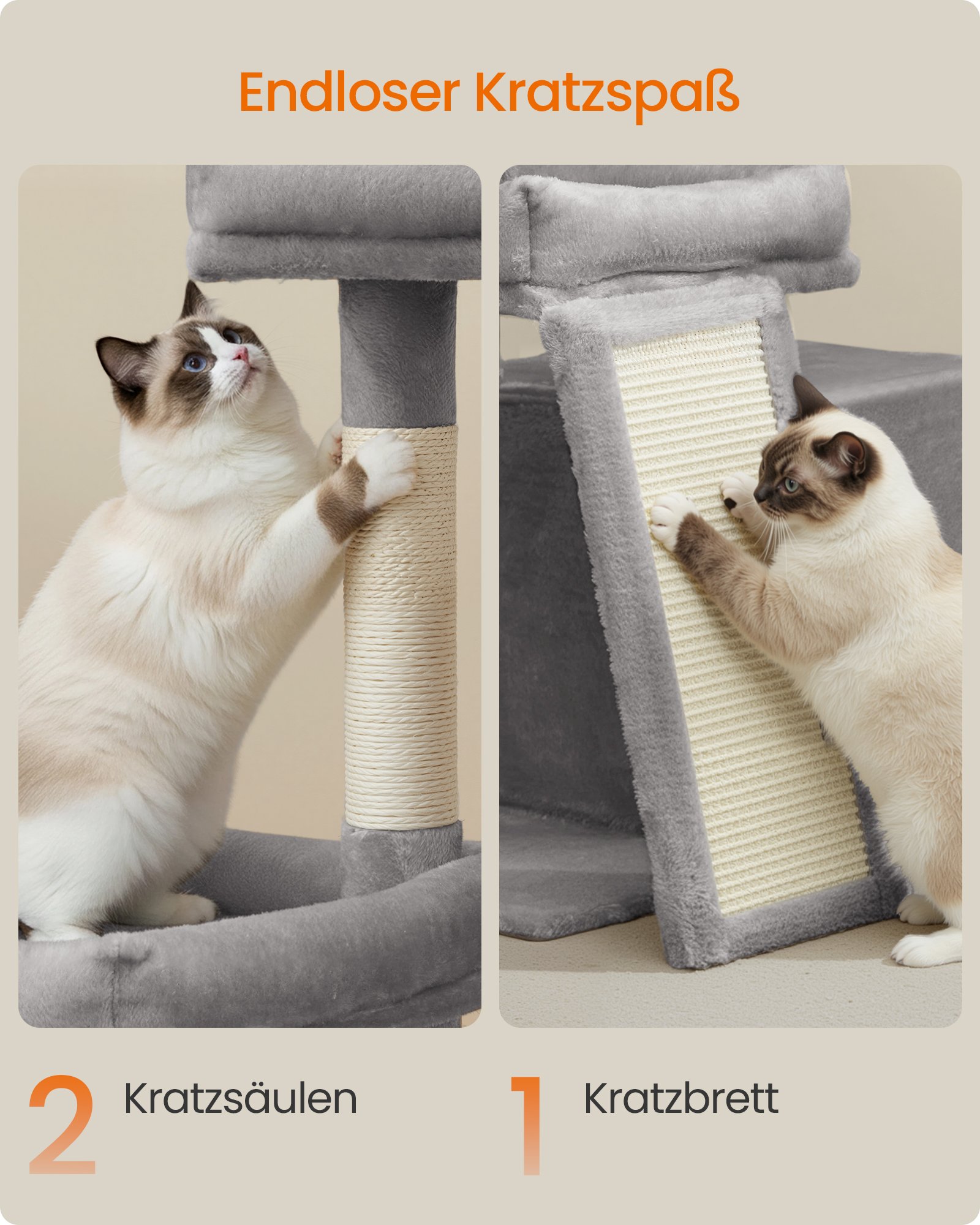 Kattträd, tornlägenhet med 2 sängar, klösträd och ramp, duvgrå 4 Kattträd, tornlägenhet med 2 sängar, klösträd och ramp, duvgrå - Bild 4