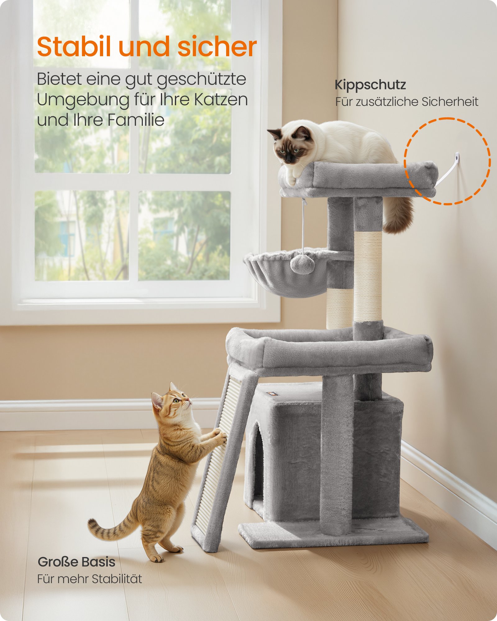 Kattträd, tornlägenhet med 2 sängar, klösträd och ramp, duvgrå 6 Kattträd, tornlägenhet med 2 sängar, klösträd och ramp, duvgrå - Bild 6