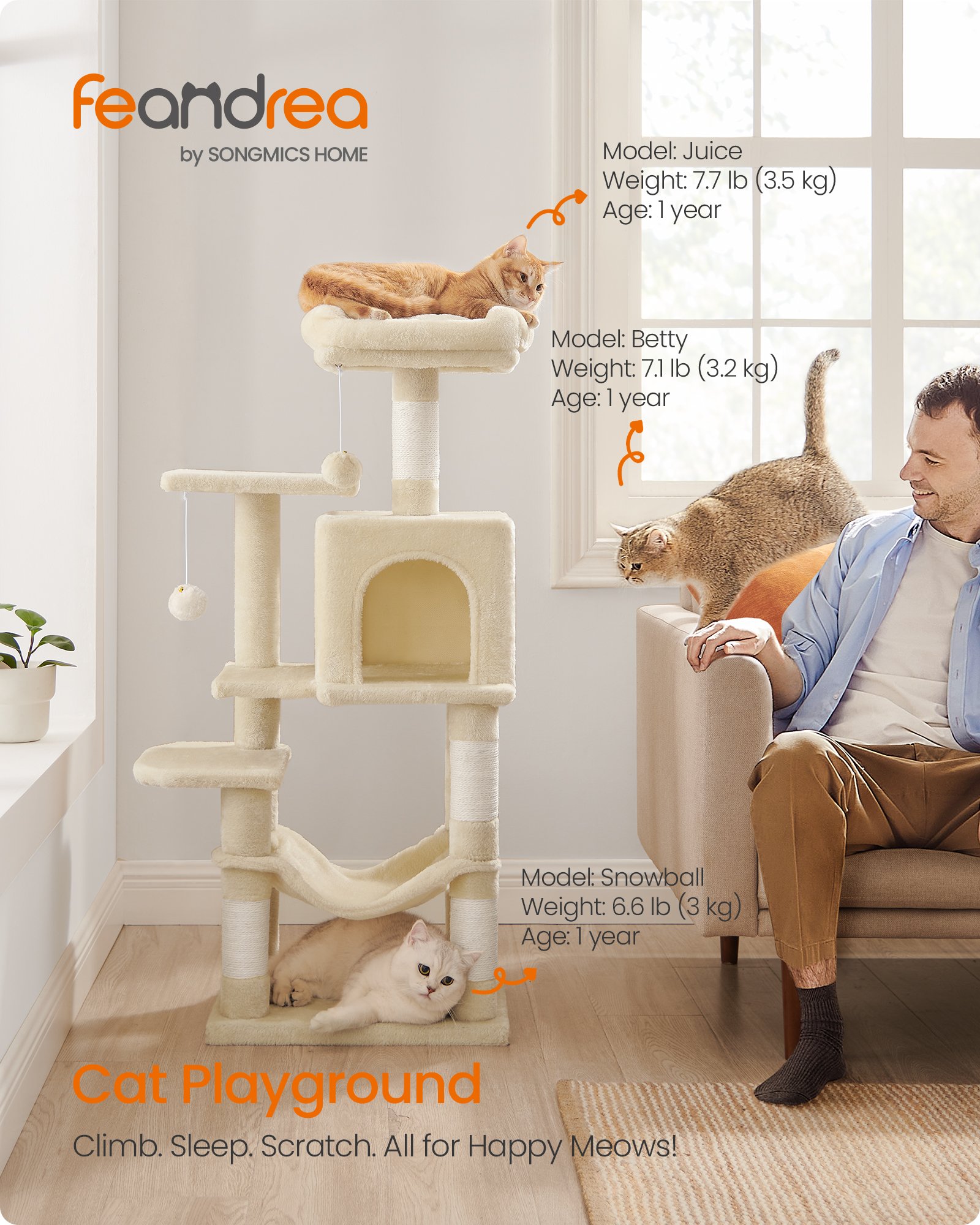 Feandrea Cat Tree Tower, 44.1-Inch Multi-Level Cat Condo with 4 Scratching Posts, 2 Perches, Hammock, Cave, Beige UPCT261M01S 2 Feandrea Cat Tree Tower, 44.1-Inch Multi-Level Cat Condo with 4 Scratching Posts, 2 Perches, Hammock, Cave, Beige UPCT261M01S - Bild 2
