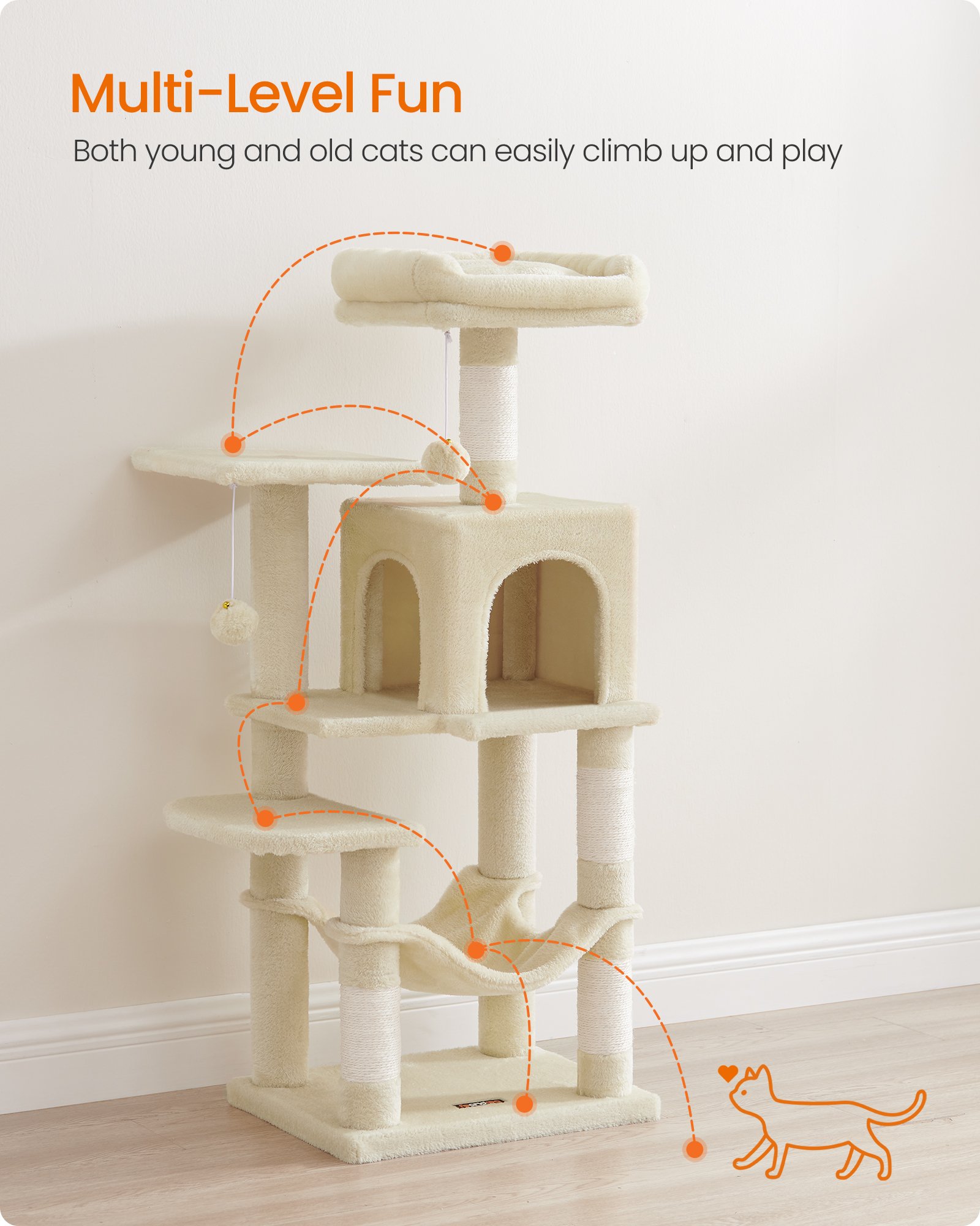 Feandrea Cat Tree Tower, 44.1-Inch Multi-Level Cat Condo with 4 Scratching Posts, 2 Perches, Hammock, Cave, Beige UPCT261M01S 3 Feandrea Cat Tree Tower, 44.1-Inch Multi-Level Cat Condo with 4 Scratching Posts, 2 Perches, Hammock, Cave, Beige UPCT261M01S - Bild 3
