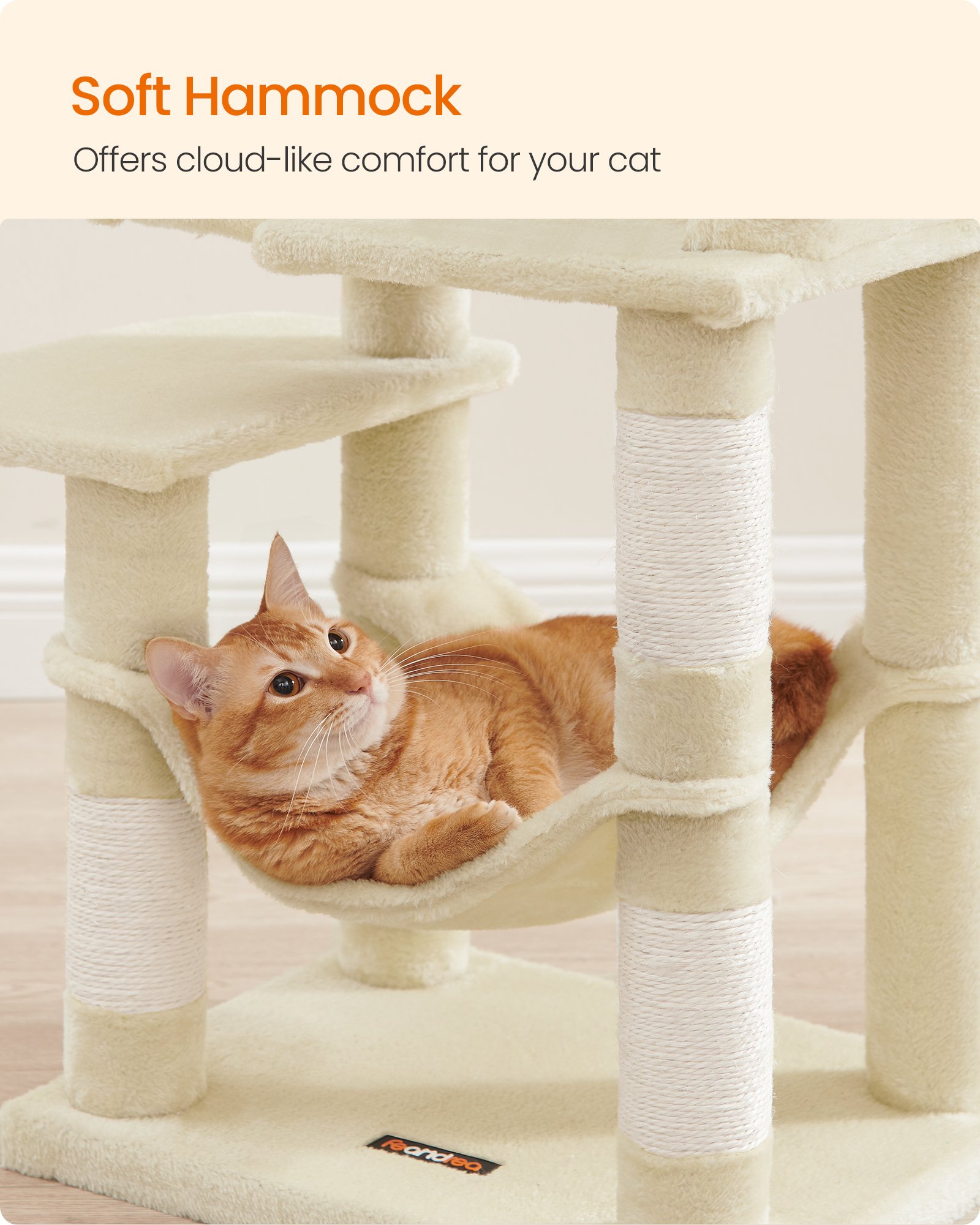 Feandrea Cat Tree Tower, 44.1-Inch Multi-Level Cat Condo with 4 Scratching Posts, 2 Perches, Hammock, Cave, Beige UPCT261M01S 5 Feandrea Cat Tree Tower, 44.1-Inch Multi-Level Cat Condo with 4 Scratching Posts, 2 Perches, Hammock, Cave, Beige UPCT261M01S - Bild 5