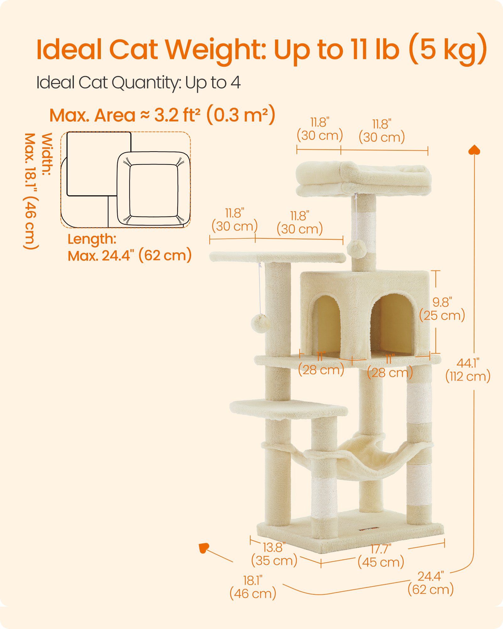 Feandrea Cat Tree Tower, 44.1-Inch Multi-Level Cat Condo with 4 Scratching Posts, 2 Perches, Hammock, Cave, Beige UPCT261M01S 6 Feandrea Cat Tree Tower, 44.1-Inch Multi-Level Cat Condo with 4 Scratching Posts, 2 Perches, Hammock, Cave, Beige UPCT261M01S - Bild 6
