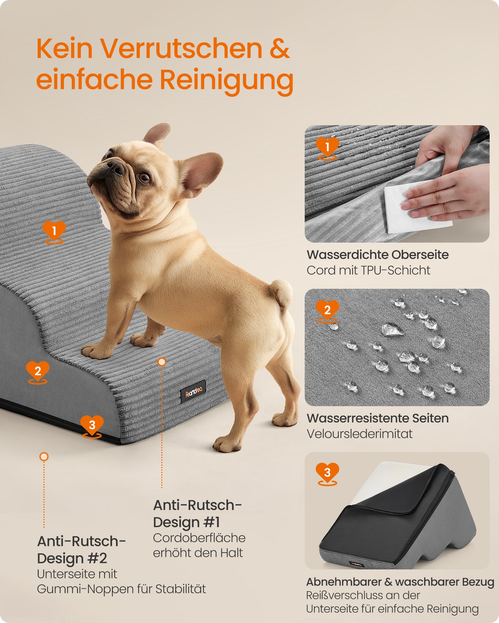 Feandrea 3-Step Dog Stairs, Dog Steps for Bed, Sofa, Waterproof Pet Stairs with Anti-Slip Designs, Gentle Slope, Removable Washable Cover, Handle, Dove Grey PPS003G01 4 Feandrea 3-Step Dog Stairs, Dog Steps for Bed, Sofa, Waterproof Pet Stairs with Anti-Slip Designs, Gentle Slope, Removable Washable Cover, Handle, Dove Grey PPS003G01 - Bild 4