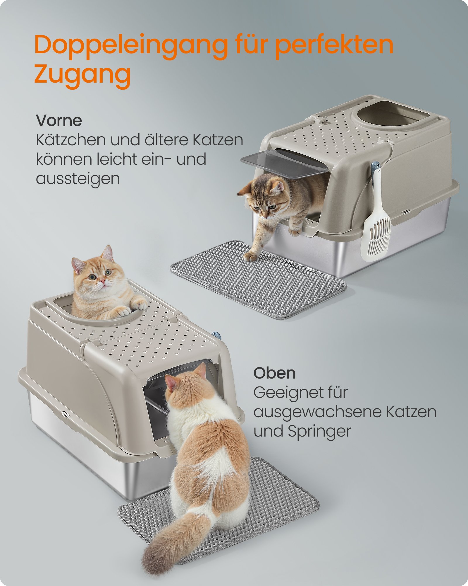 Feandrea Stainless Steel Cat Litter Box with Flip Lid, XL Enclosed Litter Box with Leak-Proof Design, Scoop, Brush, Dual Entry, for Cats up to 15 kg, Cappuccino Beige PPT005K01 4 Feandrea Stainless Steel Cat Litter Box with Flip Lid, XL Enclosed Litter Box with Leak-Proof Design, Scoop, Brush, Dual Entry, for Cats up to 15 kg, Cappuccino Beige PPT005K01 - Bild 4
