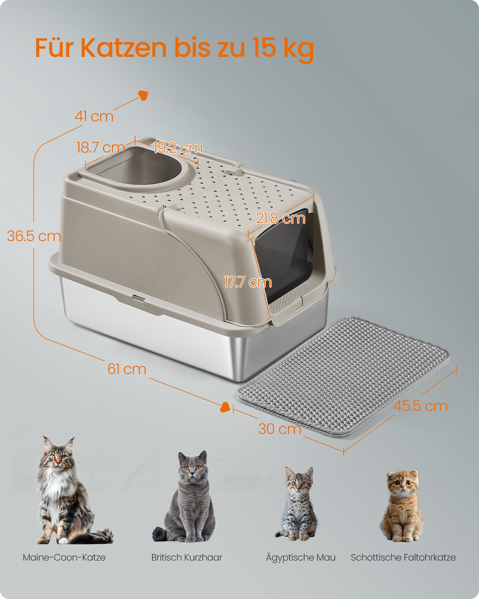 Feandrea Stainless Steel Cat Litter Box with Flip Lid, XL Enclosed Litter Box with Leak-Proof Design, Scoop, Brush, Dual Entry, for Cats up to 15 kg, Cappuccino Beige PPT005K01 5 Feandrea Stainless Steel Cat Litter Box with Flip Lid, XL Enclosed Litter Box with Leak-Proof Design, Scoop, Brush, Dual Entry, for Cats up to 15 kg, Cappuccino Beige PPT005K01 - Bild 5