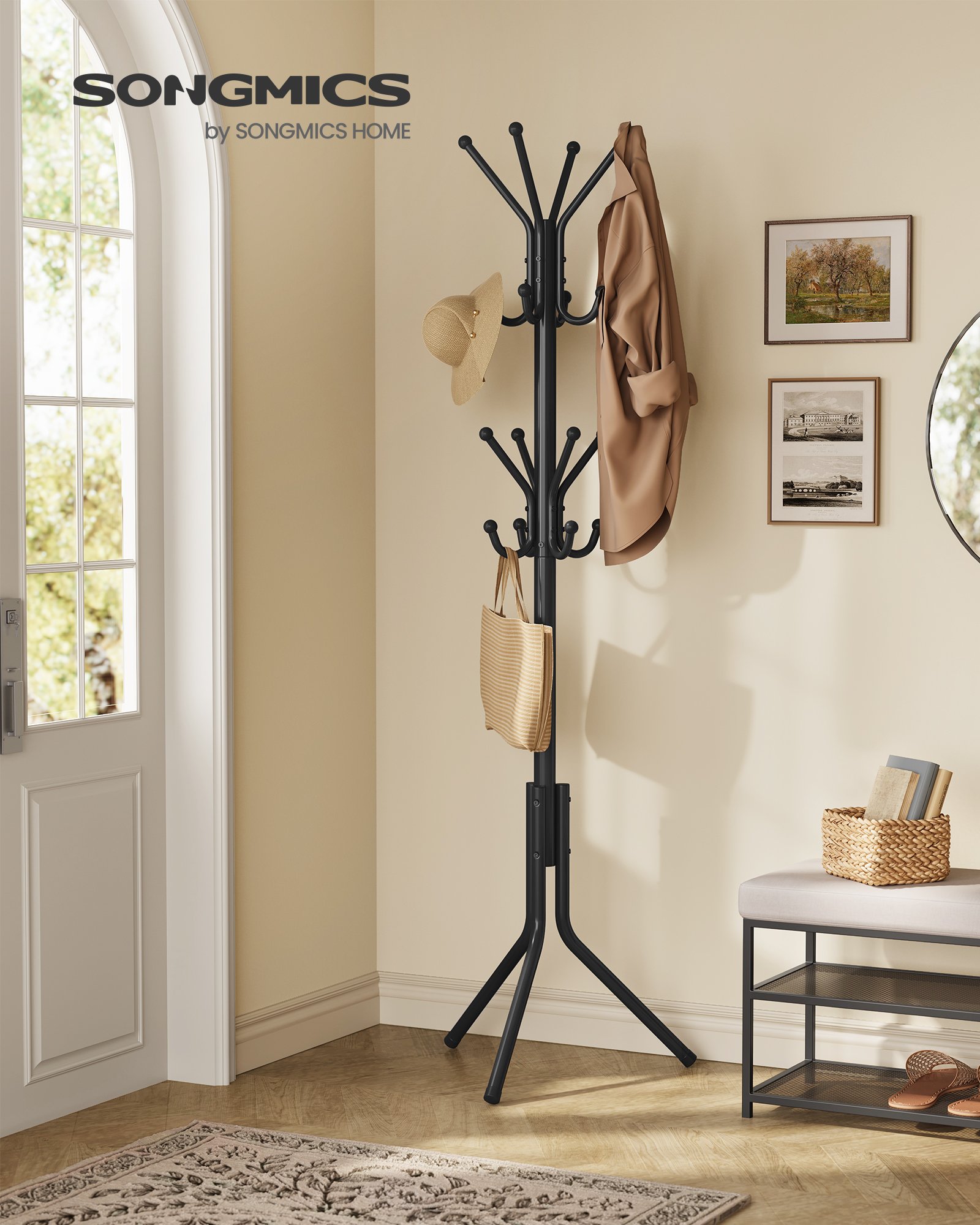 SONGMICS Coat Rack, Metal Coat Tree, Freestanding Organizer for Clothes, Bags, Hats, 175 cm Tall, 16 Hooks, for Entryway, Living Room, Bedroom, Ink Black RCR081BH01 2 SONGMICS Coat Rack, Metal Coat Tree, Freestanding Organizer for Clothes, Bags, Hats, 175 cm Tall, 16 Hooks, for Entryway, Living Room, Bedroom, Ink Black RCR081BH01 - Bild 2