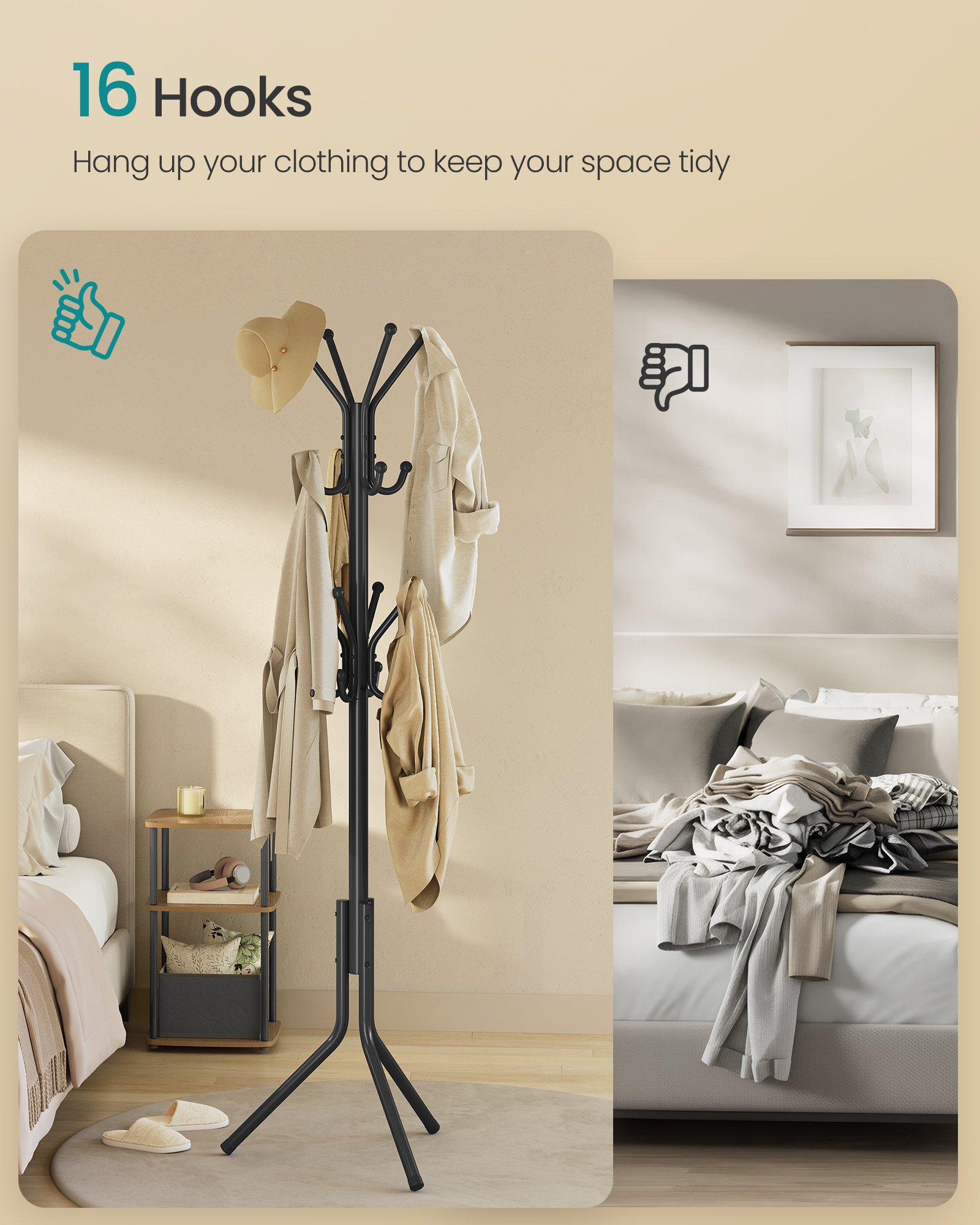 SONGMICS Coat Rack, Metal Coat Tree, Freestanding Organizer for Clothes, Bags, Hats, 175 cm Tall, 16 Hooks, for Entryway, Living Room, Bedroom, Ink Black RCR081BH01 3 SONGMICS Coat Rack, Metal Coat Tree, Freestanding Organizer for Clothes, Bags, Hats, 175 cm Tall, 16 Hooks, for Entryway, Living Room, Bedroom, Ink Black RCR081BH01 - Bild 3
