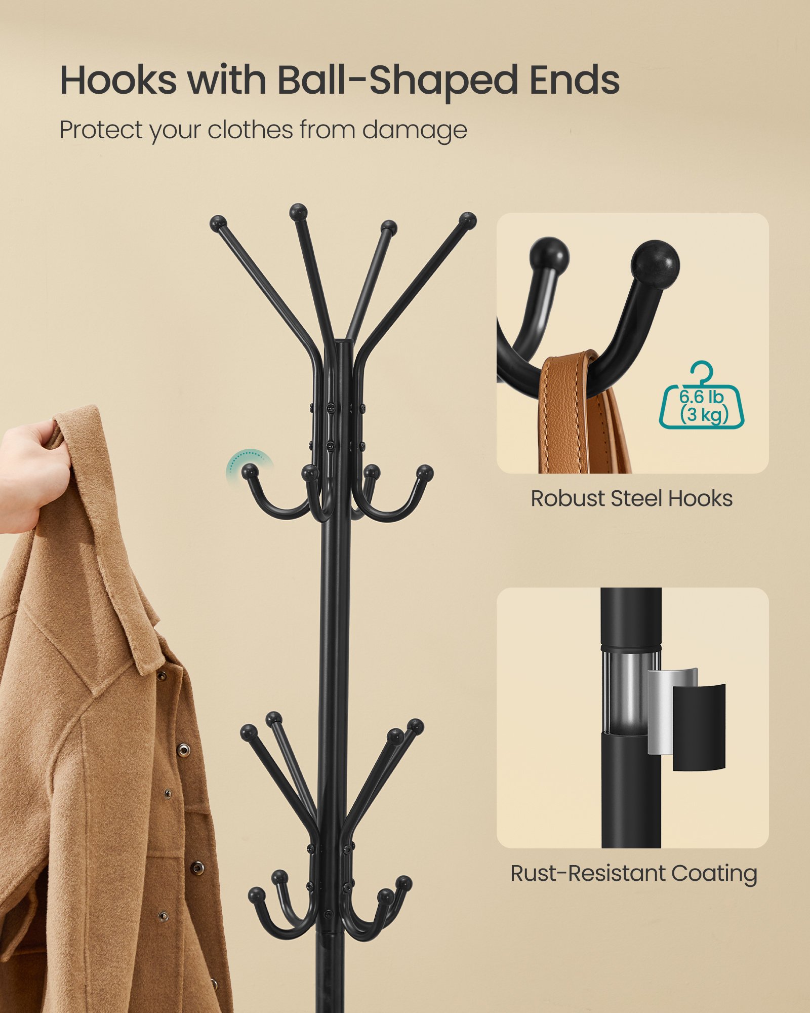 SONGMICS Coat Rack, Metal Coat Tree, Freestanding Organizer for Clothes, Bags, Hats, 175 cm Tall, 16 Hooks, for Entryway, Living Room, Bedroom, Ink Black RCR081BH01 4 SONGMICS Coat Rack, Metal Coat Tree, Freestanding Organizer for Clothes, Bags, Hats, 175 cm Tall, 16 Hooks, for Entryway, Living Room, Bedroom, Ink Black RCR081BH01 - Bild 4