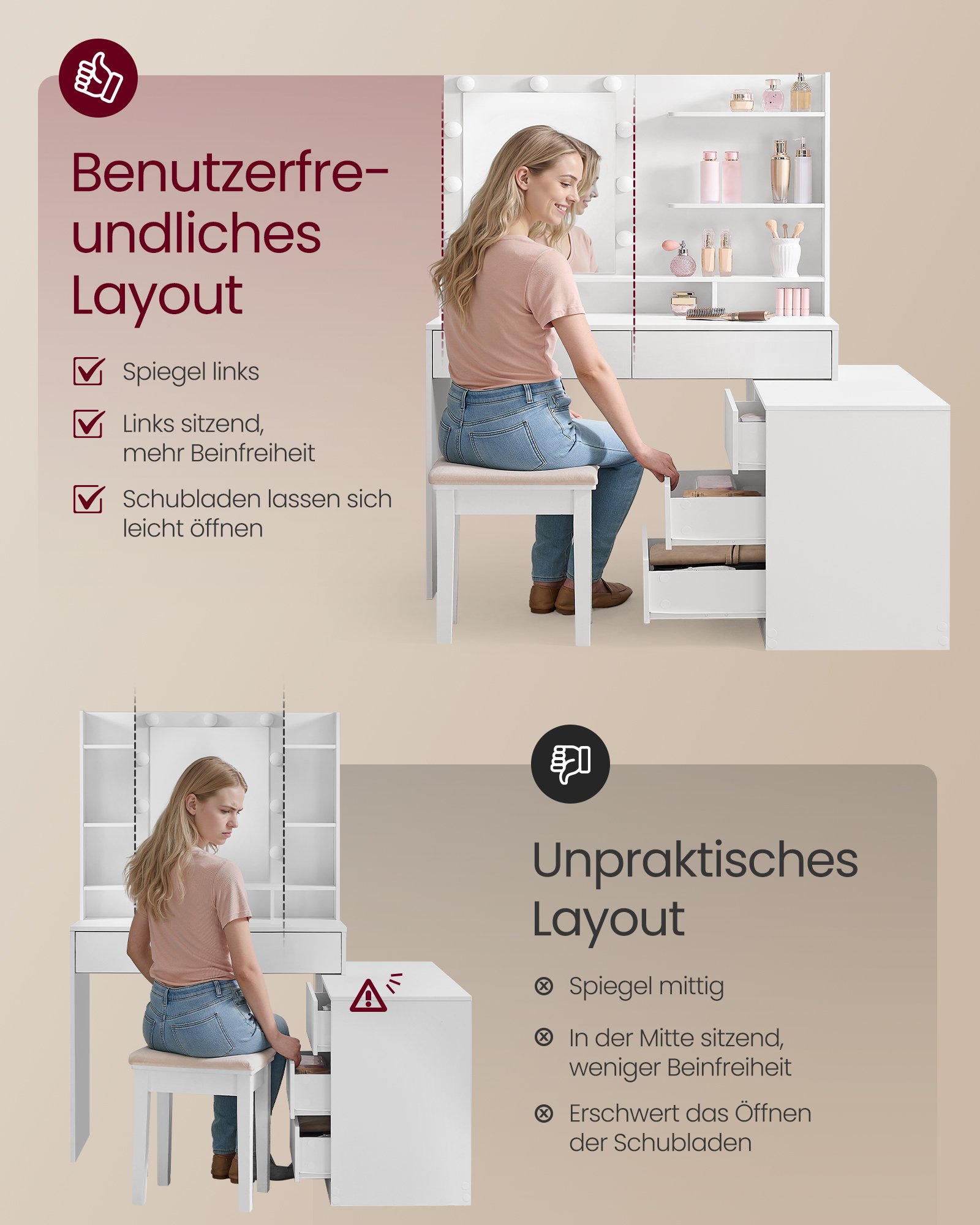 VASAGLE Kailyn RDT140WB01 Dressing Table with Mirror and LED Lighting, Dressing Table 9 Bulbs, 8 Drawers, 3 Shelves, 3 Light Colours, Straight or L-shaped, Cloud White 2 VASAGLE Kailyn RDT140WB01 Dressing Table with Mirror and LED Lighting, Dressing Table 9 Bulbs, 8 Drawers, 3 Shelves, 3 Light Colours, Straight or L-shaped, Cloud White - Bild 2