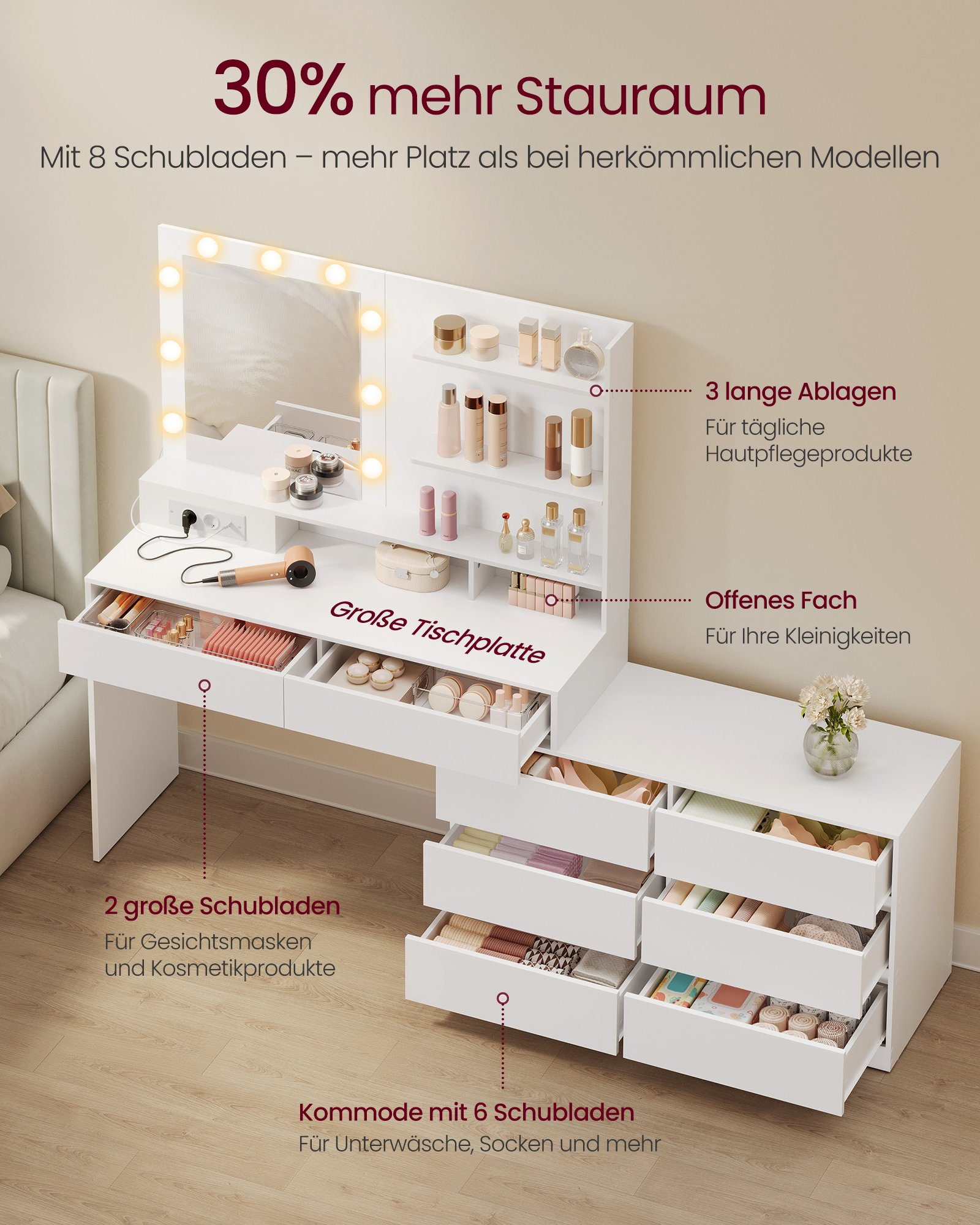 VASAGLE Kailyn RDT140WB01 Dressing Table with Mirror and LED Lighting, Dressing Table 9 Bulbs, 8 Drawers, 3 Shelves, 3 Light Colours, Straight or L-shaped, Cloud White 3 VASAGLE Kailyn RDT140WB01 Dressing Table with Mirror and LED Lighting, Dressing Table 9 Bulbs, 8 Drawers, 3 Shelves, 3 Light Colours, Straight or L-shaped, Cloud White - Bild 3