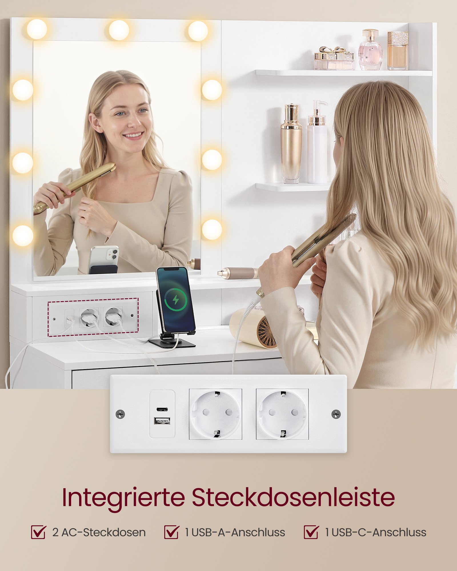 VASAGLE Kailyn RDT140WB01 Dressing Table with Mirror and LED Lighting, Dressing Table 9 Bulbs, 8 Drawers, 3 Shelves, 3 Light Colours, Straight or L-shaped, Cloud White 5 VASAGLE Kailyn RDT140WB01 Dressing Table with Mirror and LED Lighting, Dressing Table 9 Bulbs, 8 Drawers, 3 Shelves, 3 Light Colours, Straight or L-shaped, Cloud White - Bild 5