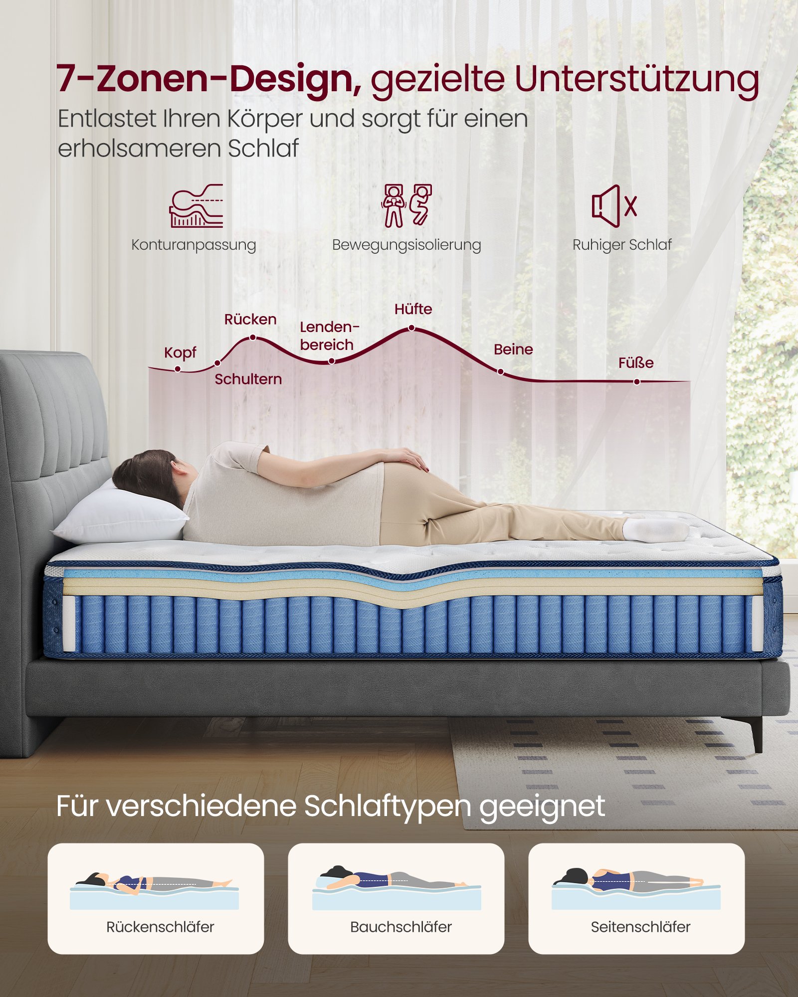 VASAGLE 90 x 200 x 20 cm Medium Firm Gel Memory Foam Pocket Spring Mattress, H3, 7-Zone Support, Motion Isolation, Breathable Cover, Blue RMZ212QZ02 4 VASAGLE 90 x 200 x 20 cm Medium Firm Gel Memory Foam Pocket Spring Mattress, H3, 7-Zone Support, Motion Isolation, Breathable Cover, Blue RMZ212QZ02 - Bild 4