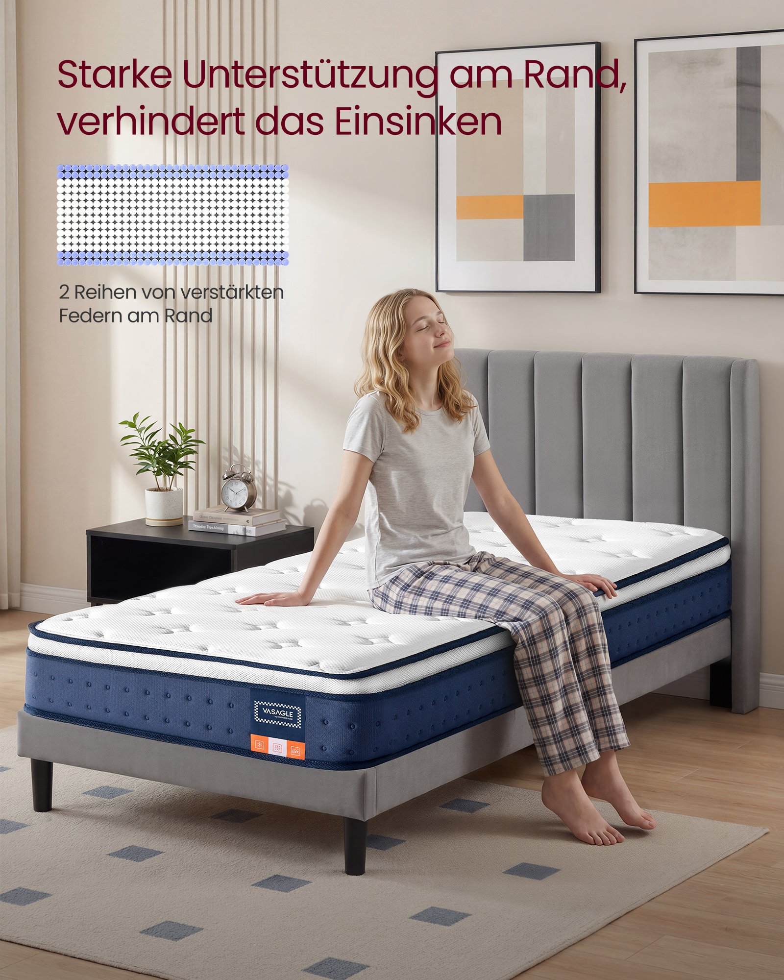 VASAGLE 90 x 200 x 20 cm Medium Firm Gel Memory Foam Pocket Spring Mattress, H3, 7-Zone Support, Motion Isolation, Breathable Cover, Blue RMZ212QZ02 6 VASAGLE 90 x 200 x 20 cm Medium Firm Gel Memory Foam Pocket Spring Mattress, H3, 7-Zone Support, Motion Isolation, Breathable Cover, Blue RMZ212QZ02 - Bild 6