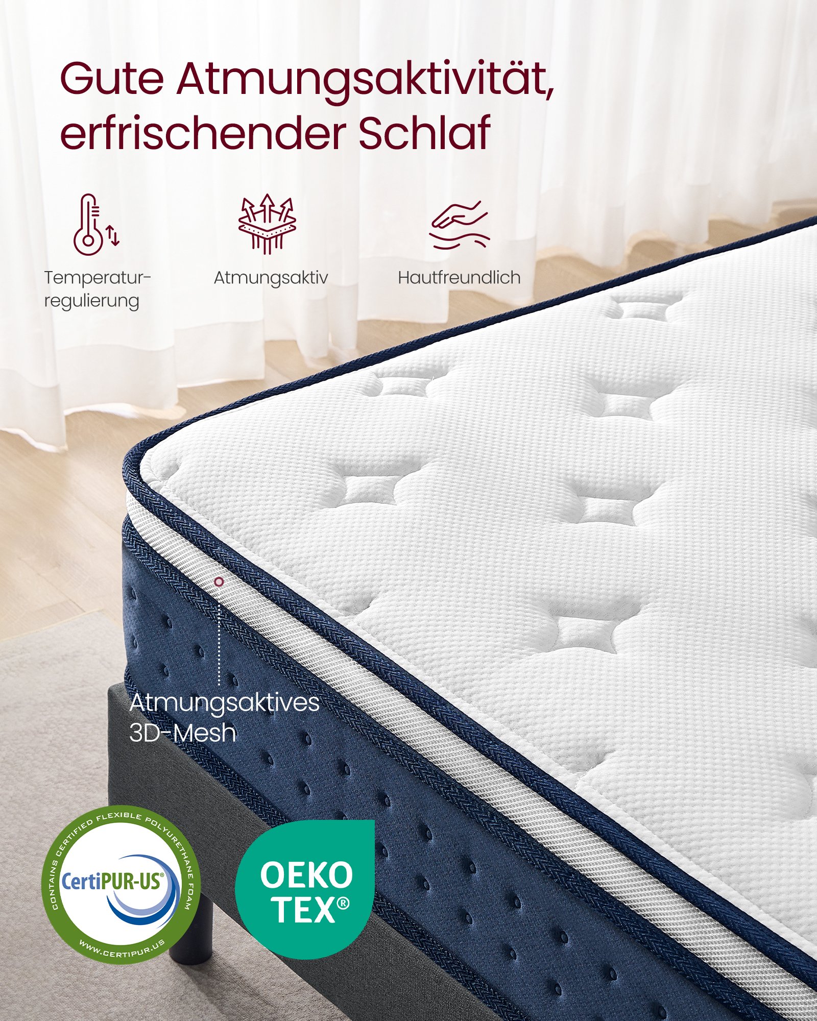 VASAGLE Mattress 140 x 200 x 20 cm Pocket Spring Gel Memory Foam Mattress Medium Firm H3 7-Zone Support Motion Isolation Breathable Cover Blue RMZ214QZ02 5 VASAGLE Mattress 140 x 200 x 20 cm Pocket Spring Gel Memory Foam Mattress Medium Firm H3 7-Zone Support Motion Isolation Breathable Cover Blue RMZ214QZ02 - Bild 5