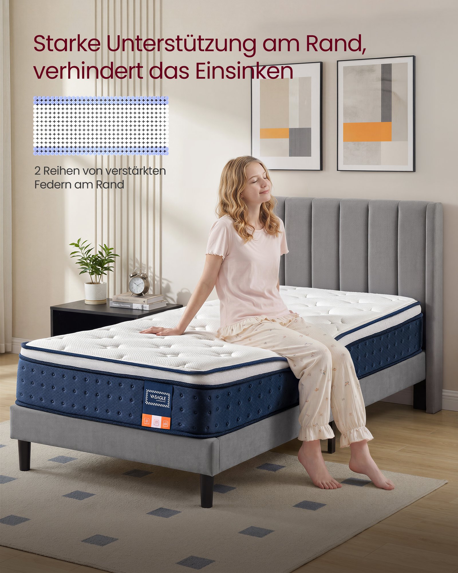 VASAGLE RMZ222QZ02 90 x 200 x 25 cm Medium Firm Gel Memory Foam Pocket Spring Mattress H3 7-Zone Support Motion Isolation Breathable Cover Blue 6 VASAGLE RMZ222QZ02 90 x 200 x 25 cm Medium Firm Gel Memory Foam Pocket Spring Mattress H3 7-Zone Support Motion Isolation Breathable Cover Blue - Bild 6