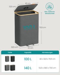 SONGMICS Recycling Bin for Kitchen 26.4 Gallon. Bottle Recycling Container, Collection Bin, for Metal, Plastic, Paper, Glass, Inner Bag with Handles, Kitchen, Slate Gray and Natural Beige URRB509G01 - Bild 6