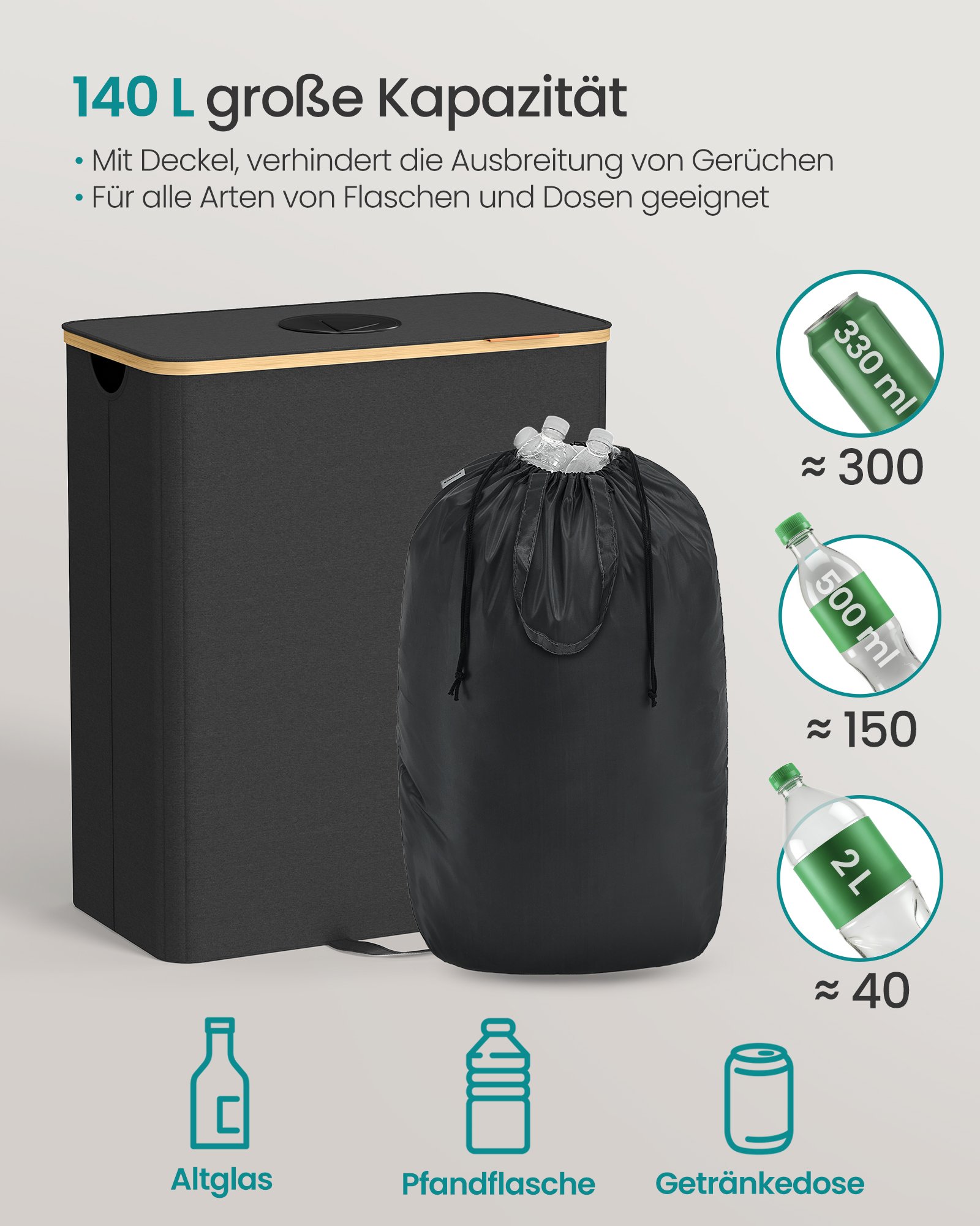 SONGMICS Recycling Bin for Kitchen 37 Gallon. Bottle Recycling Container, Collection Bin, for Metal, Plastic, Paper, Glass, Inner Bag with Handles, Kitchen, Ink Black and Natural Beige URRB513B01 2 SONGMICS Recycling Bin for Kitchen 37 Gallon. Bottle Recycling Container, Collection Bin, for Metal, Plastic, Paper, Glass, Inner Bag with Handles, Kitchen, Ink Black and Natural Beige URRB513B01 - Bild 2