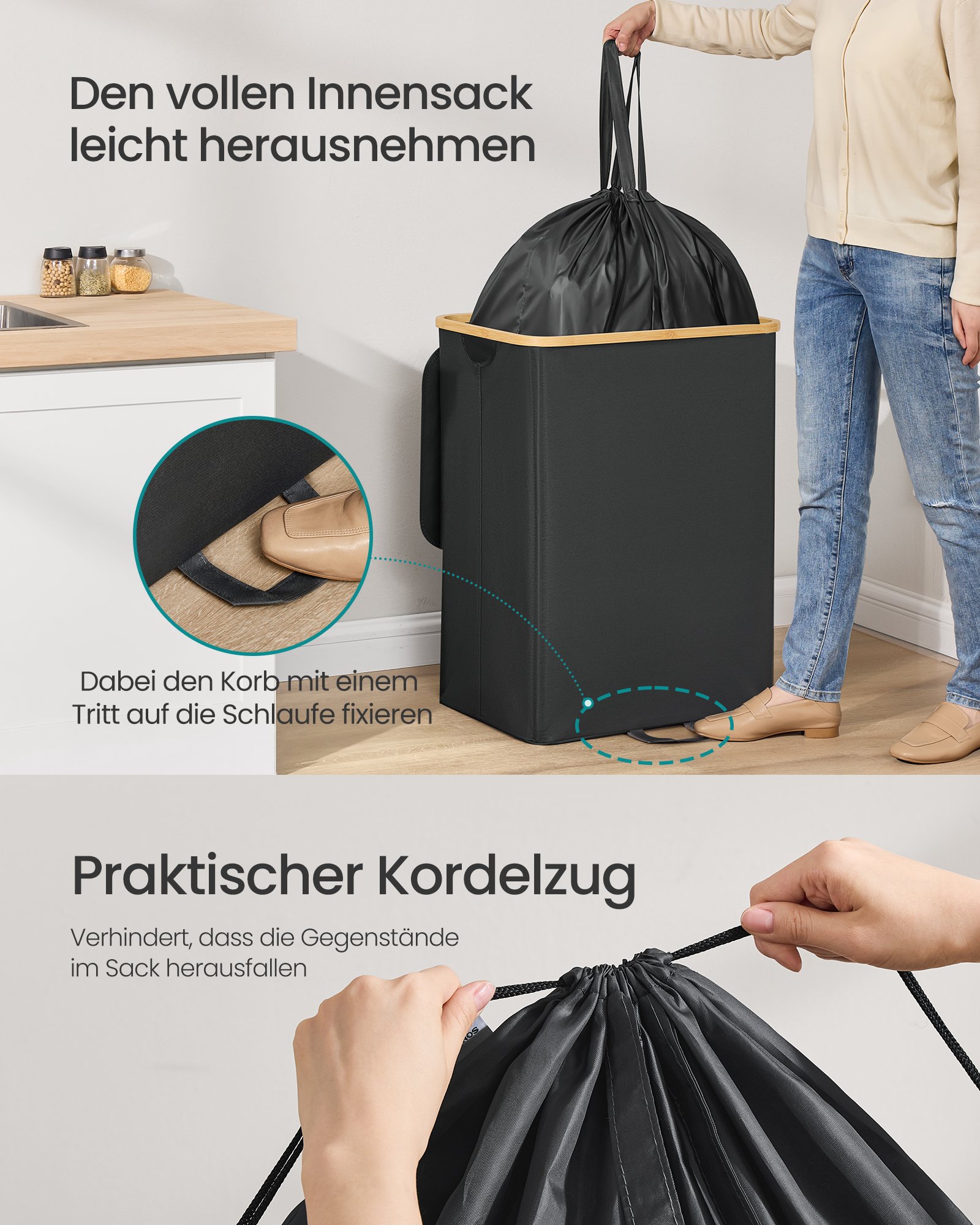 SONGMICS Recycling Bin for Kitchen 37 Gallon. Bottle Recycling Container, Collection Bin, for Metal, Plastic, Paper, Glass, Inner Bag with Handles, Kitchen, Ink Black and Natural Beige URRB513B01 3 SONGMICS Recycling Bin for Kitchen 37 Gallon. Bottle Recycling Container, Collection Bin, for Metal, Plastic, Paper, Glass, Inner Bag with Handles, Kitchen, Ink Black and Natural Beige URRB513B01 - Bild 3