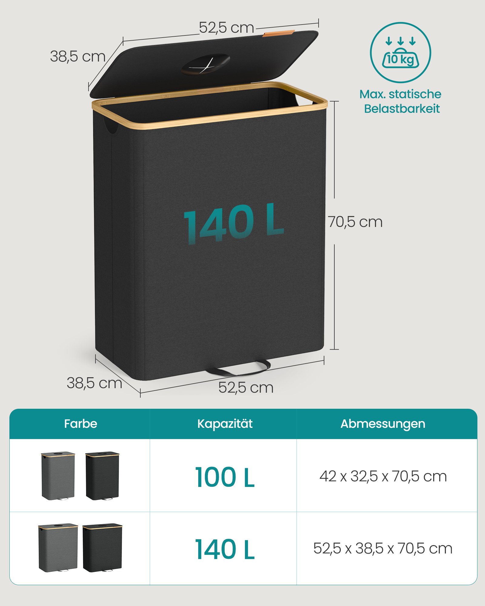 SONGMICS Recycling Bin for Kitchen 37 Gallon. Bottle Recycling Container, Collection Bin, for Metal, Plastic, Paper, Glass, Inner Bag with Handles, Kitchen, Ink Black and Natural Beige URRB513B01 6 SONGMICS Recycling Bin for Kitchen 37 Gallon. Bottle Recycling Container, Collection Bin, for Metal, Plastic, Paper, Glass, Inner Bag with Handles, Kitchen, Ink Black and Natural Beige URRB513B01 - Bild 6
